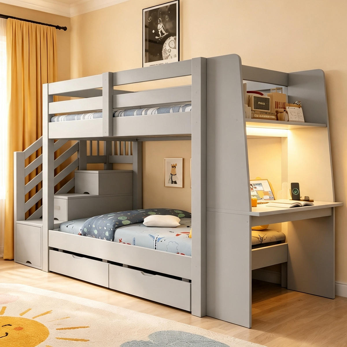 ETAGENBETT 90 x 200 cm mit Schreibtisch, LED und Schubladen, Grau - Grau, Holz (90/200cm) - FLIEKS
