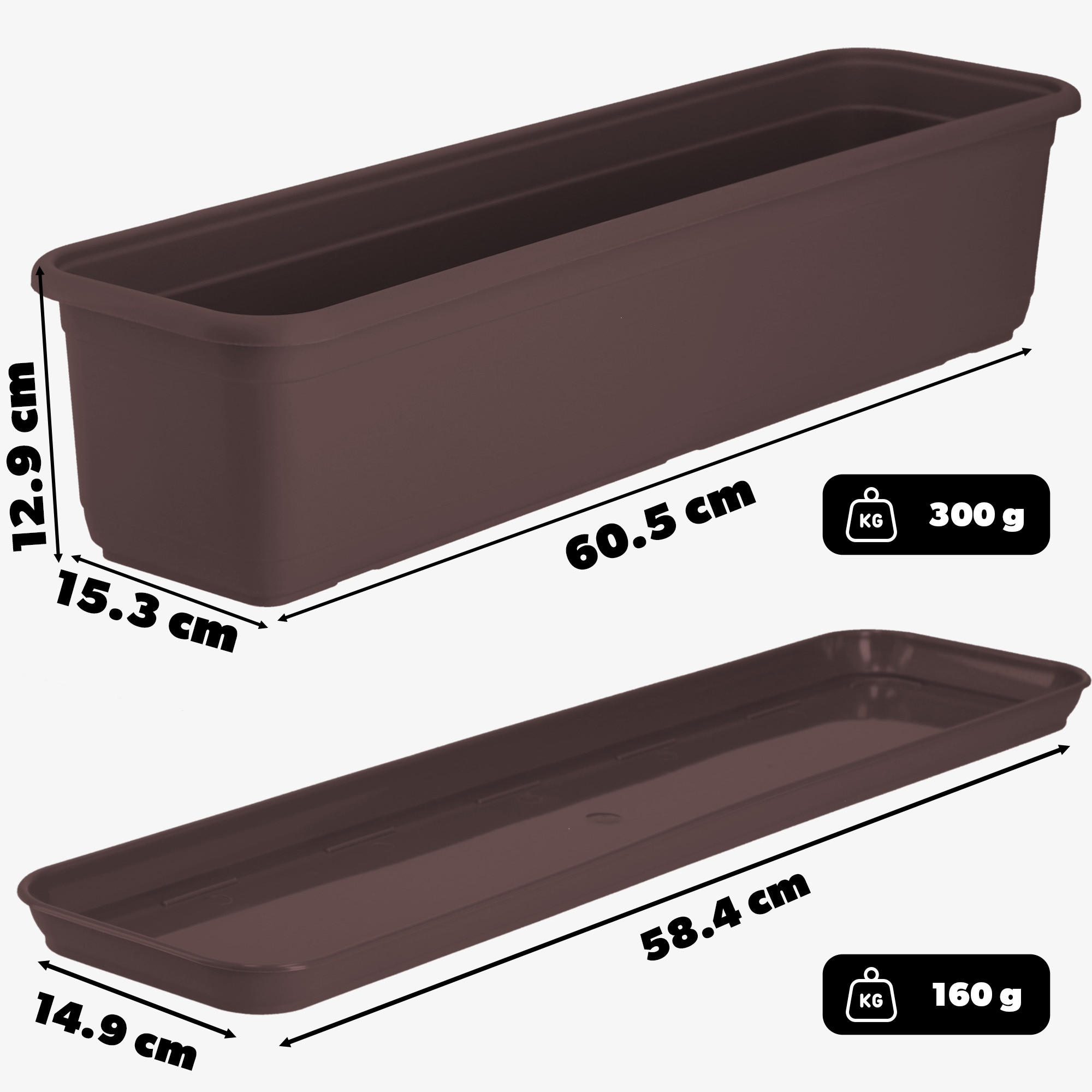 BALKONKASTEN mit Untersetzer 60 cm, Braun - Braun, Kunststoff (15/60cm) - KADAX