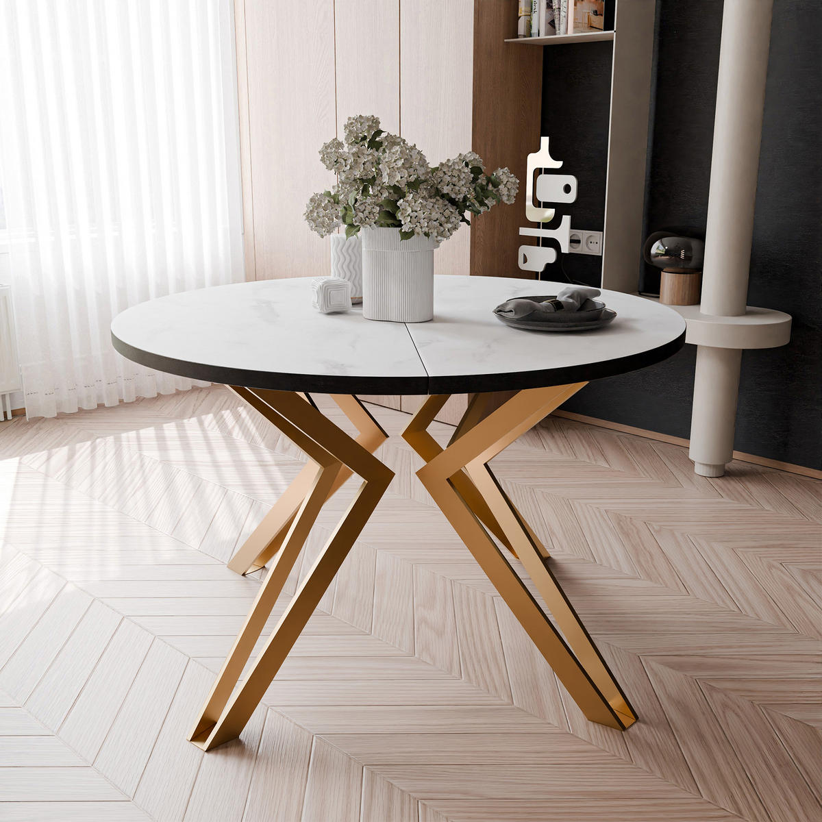 ESSTISCH ausziehbar aus MDF, Weiß - Goldfarben/Weiß, Holzwerkstoff (120/120/76cm) - Idohome