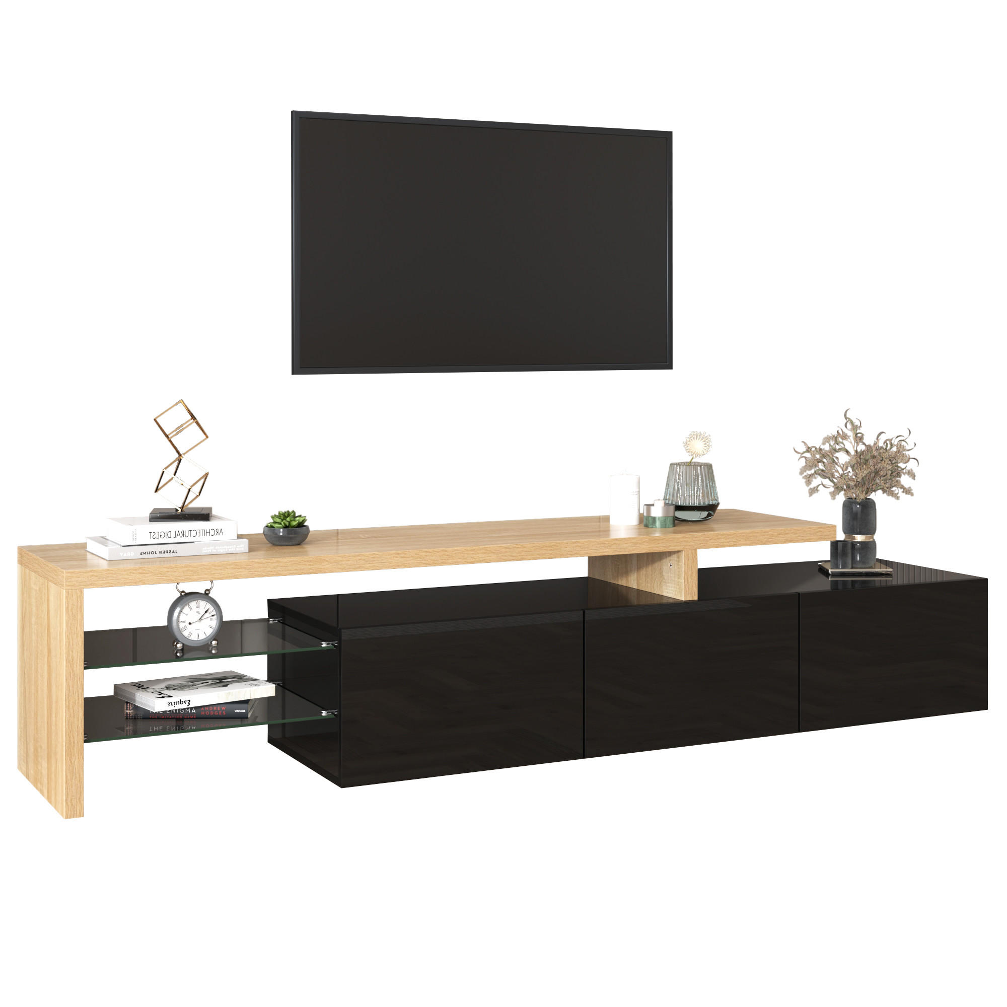 TV-SCHRANK 197,5/39/42 cm schwarz MDF mit Glasböden und LED-Beleuchtung - Naturfarben, Holzwerkstoff (197.5/42/39cm) - OKWISH