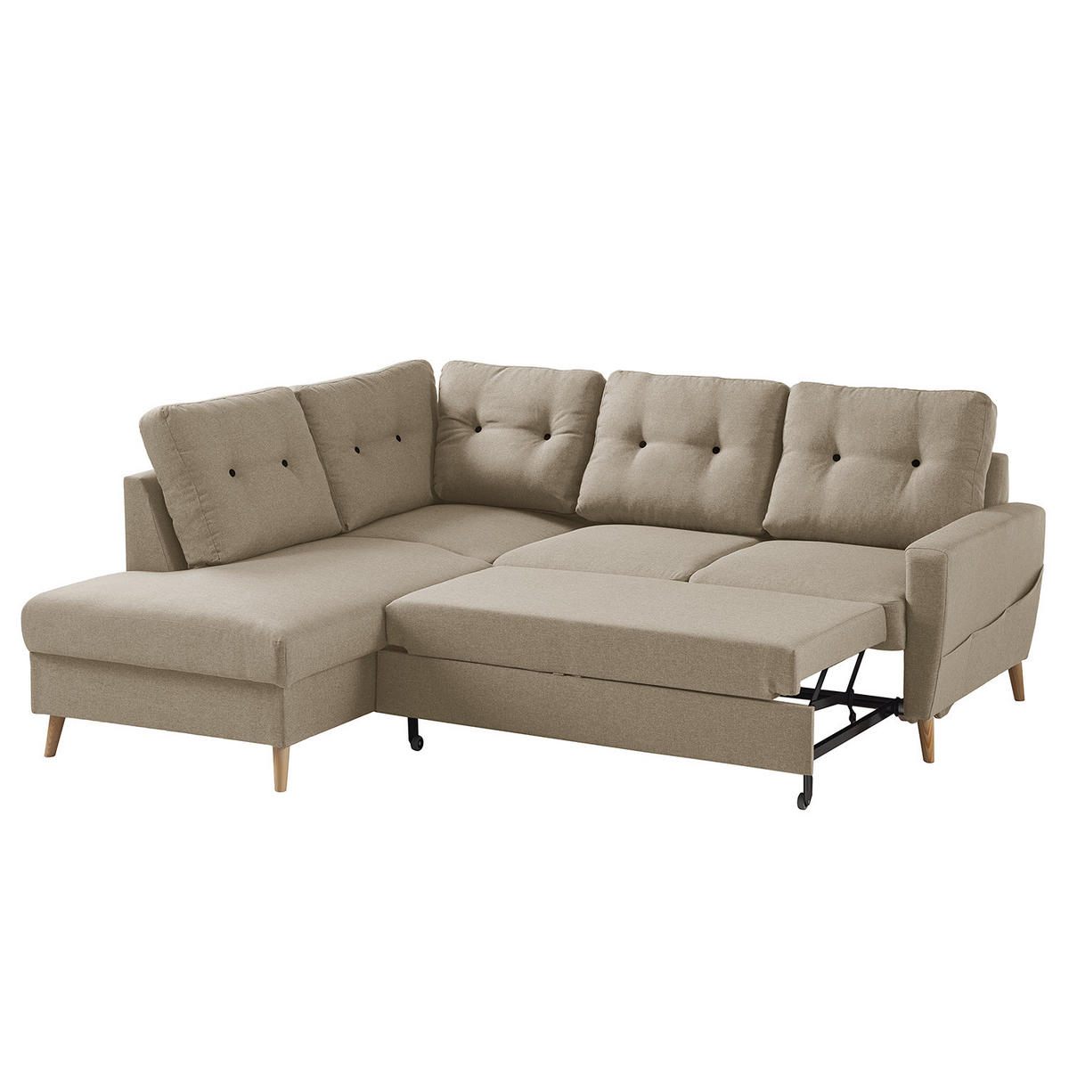 ECKSOFA mit Ottomane - Webstoff - Hellbraun/Cappuccino, Holz/Textil (230/200cm) - home24