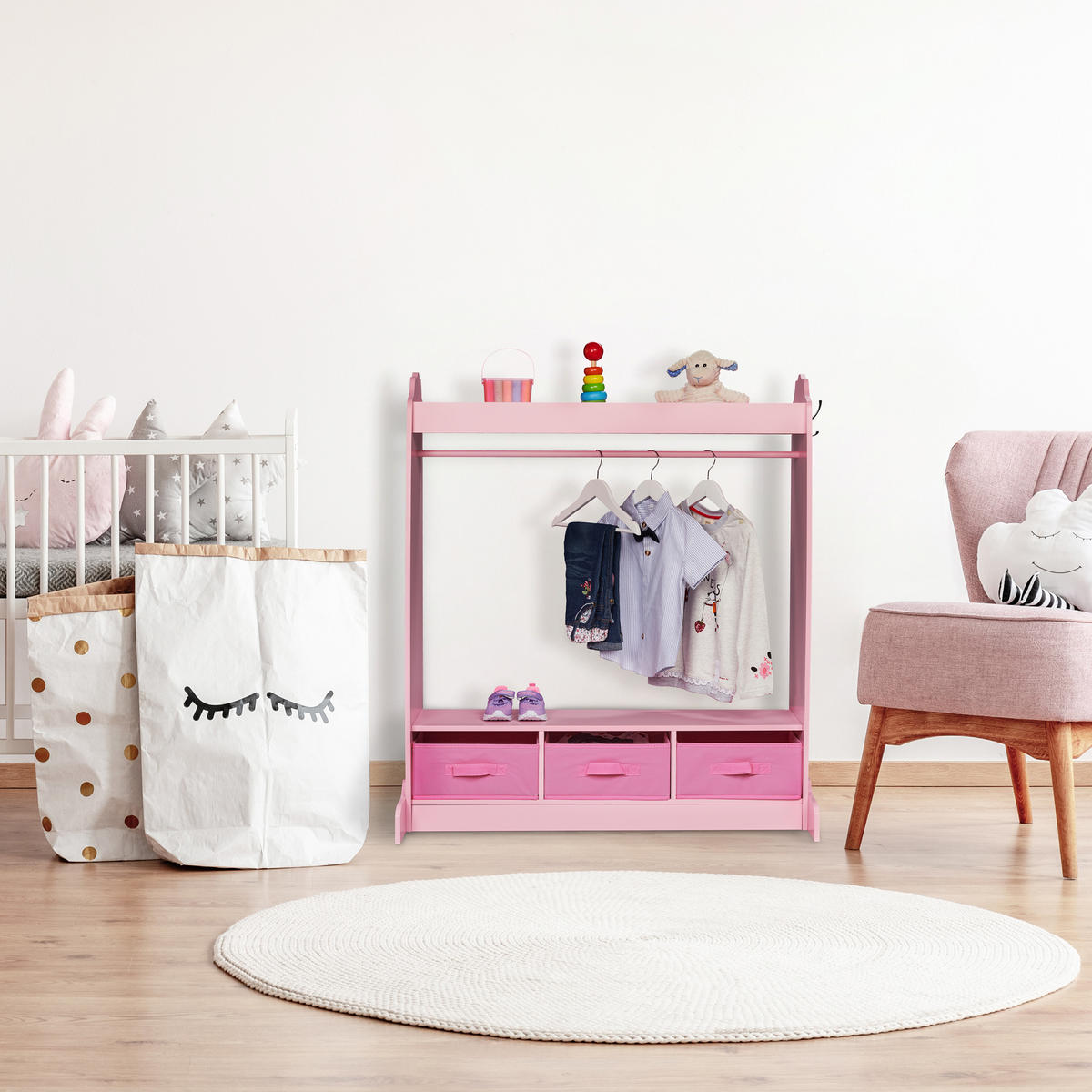 VEŠIAK Ružový detský so zrkadlom 3 textilné boxy 107 cm - ružová, kompozitné drevo/textil (97.5/107/61cm) - Relaxdays