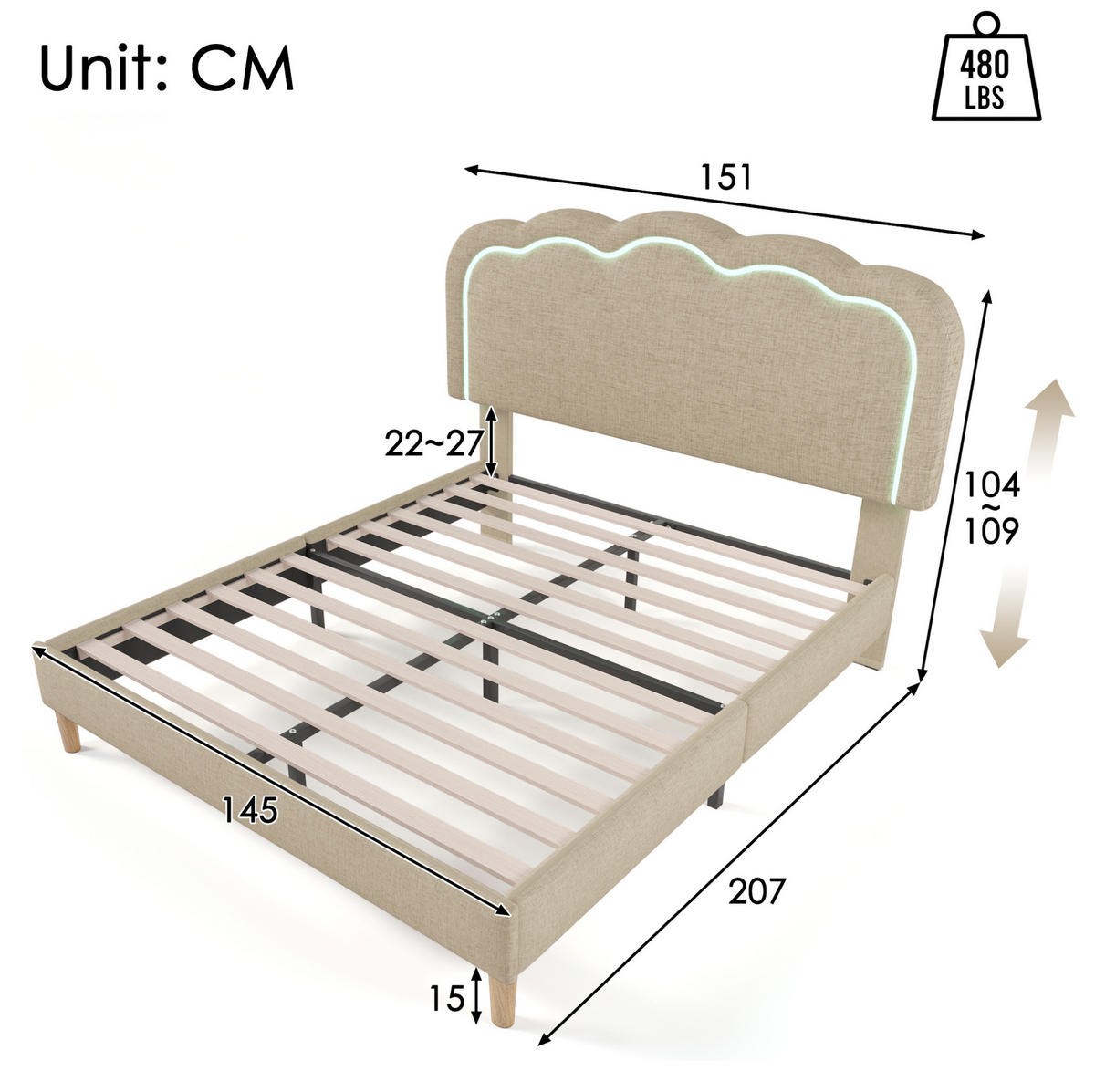 POLSTERBETT 140/200 cm aus Leinen mit LED-Kopfteil Beige - Beige, Textil (140/200cm) - Modenvie