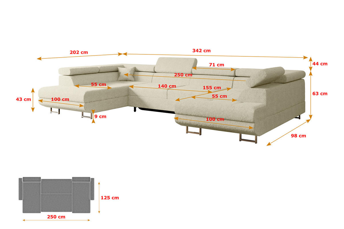 WOHNLANDSCHAFT mit Schlaffunktion und Bettkasten GUSA-U 342x202x107 cm Beige Bouclé - Beige/Silberfarben, Holzwerkstoff/Textil (342/107/202cm) - ALTDECOR