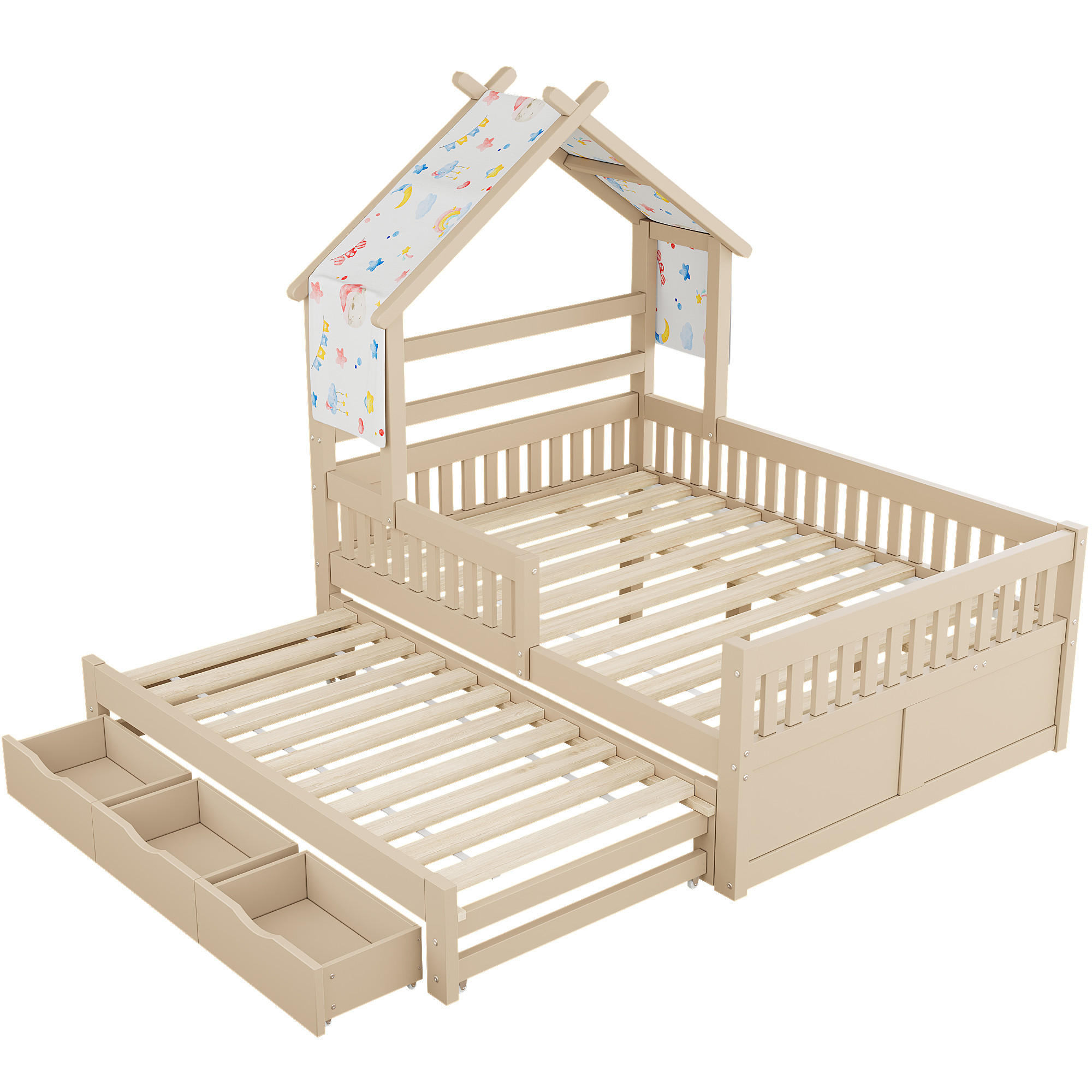HAUSBETT 140/200 cm DE-03356, mit Ausziehbett, 3 Schubladen und Sicherheitsgittern, in Natur - Creme, Holz/Holzwerkstoff (140/200cm) - ComfortXL