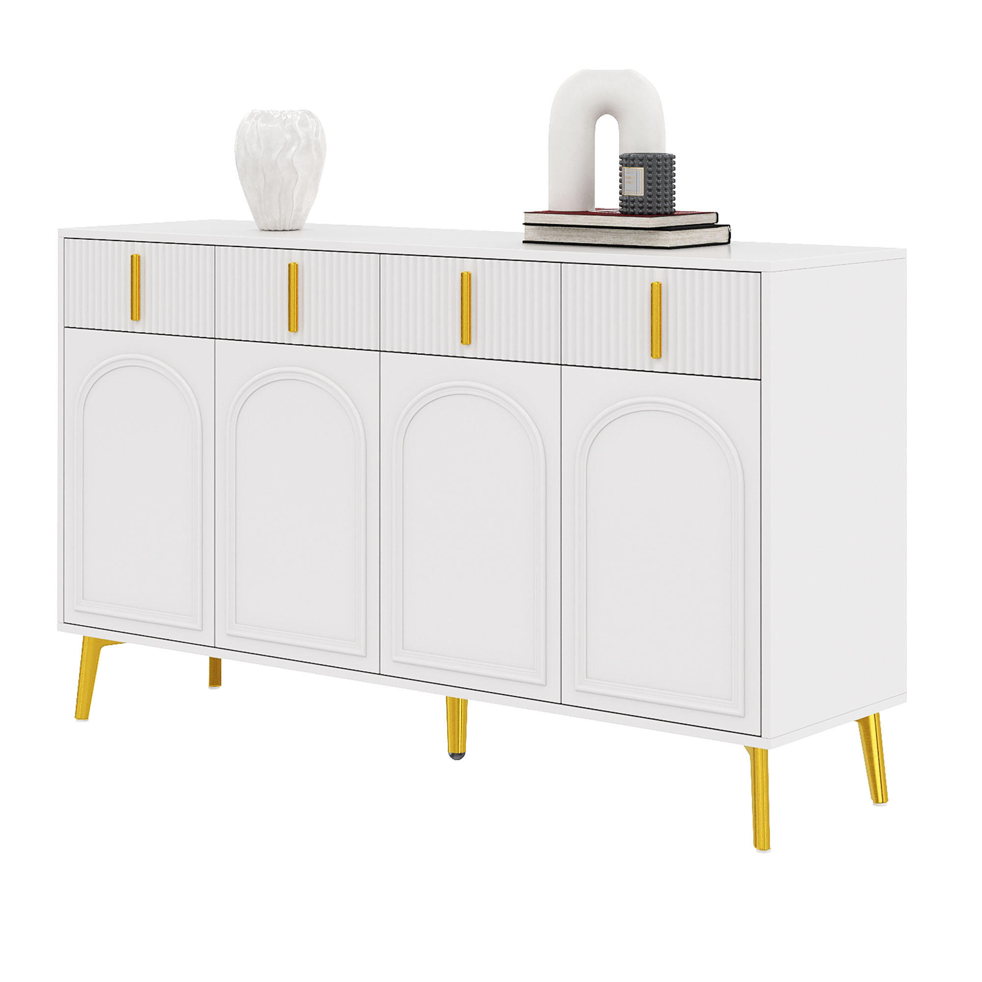 SIDEBOARD aus weißem MDF mit Melamin, 4 Türen und 4 Schubladen, goldene Griffe und Beine, 140/38/82 cm, Weiß - Weiß, Holzwerkstoff (140/82/38cm) - Redom