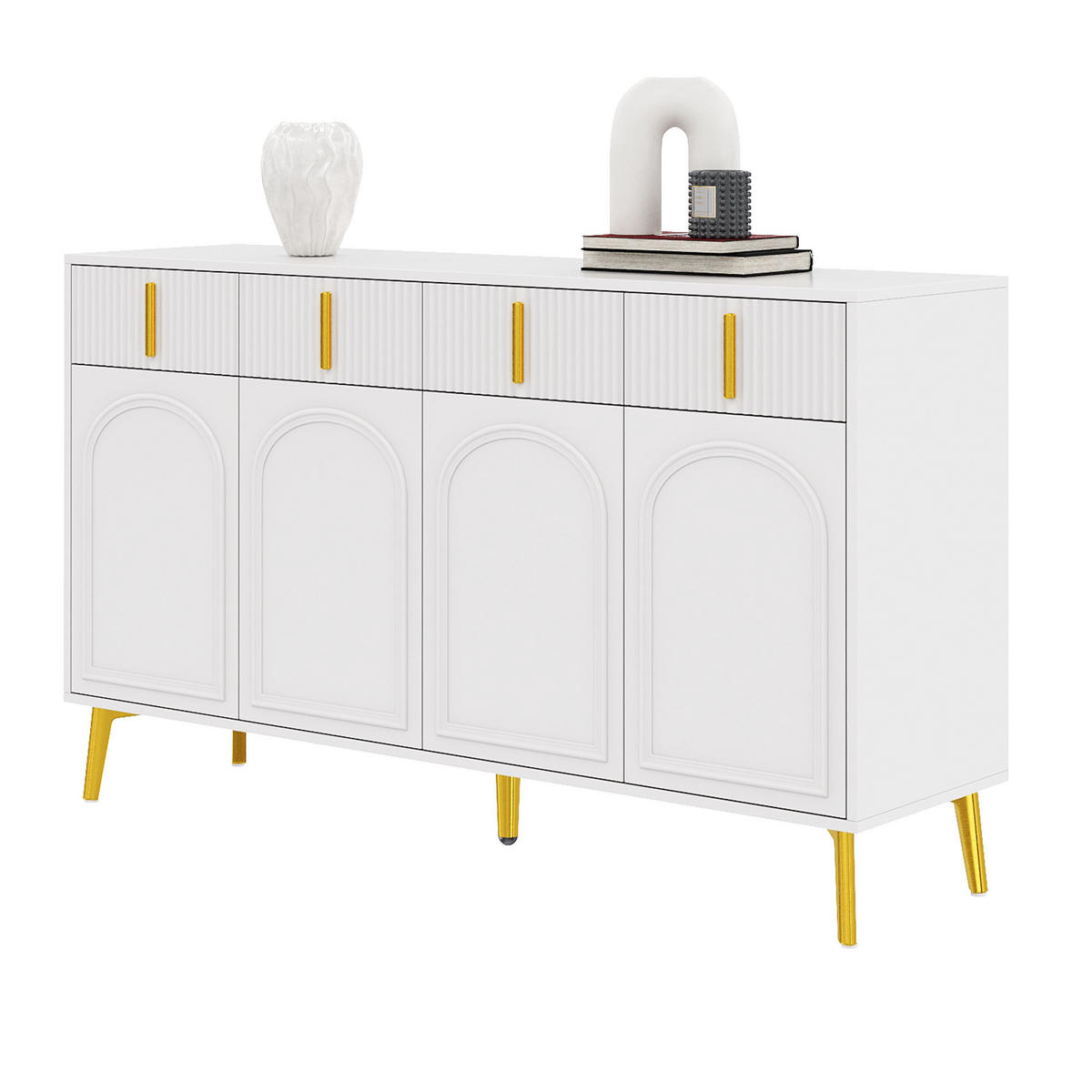 SIDEBOARD aus weißem MDF mit Melamin, 4 Türen und 4 Schubladen, goldene Griffe und Beine, 140/38/82 cm, Weiß - Weiß, Holzwerkstoff (140/82/38cm) - Redom