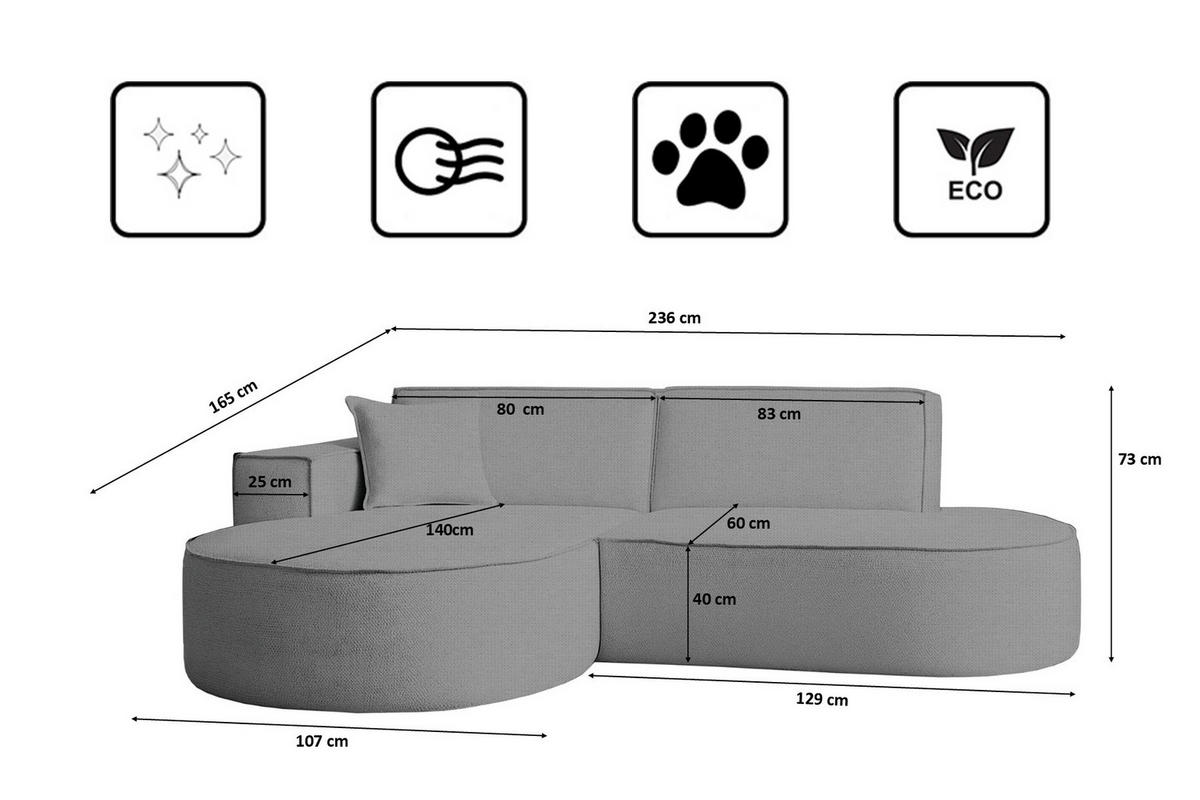 ECKSOFA Modena Studio Stoff Artico, Cement Links - Grau, Holz/Textil (165/236cm) - Kaiser Möbel