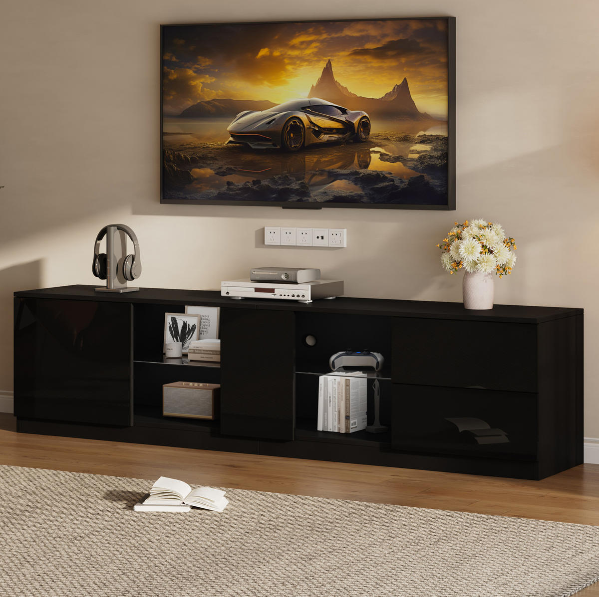 TV-LOWBOARD 160/40/52 cm mit 2 Schubladen, LED-Beleuchtung und Glasboden - Schwarz, Holzwerkstoff (160/52/40cm) - BEAOK