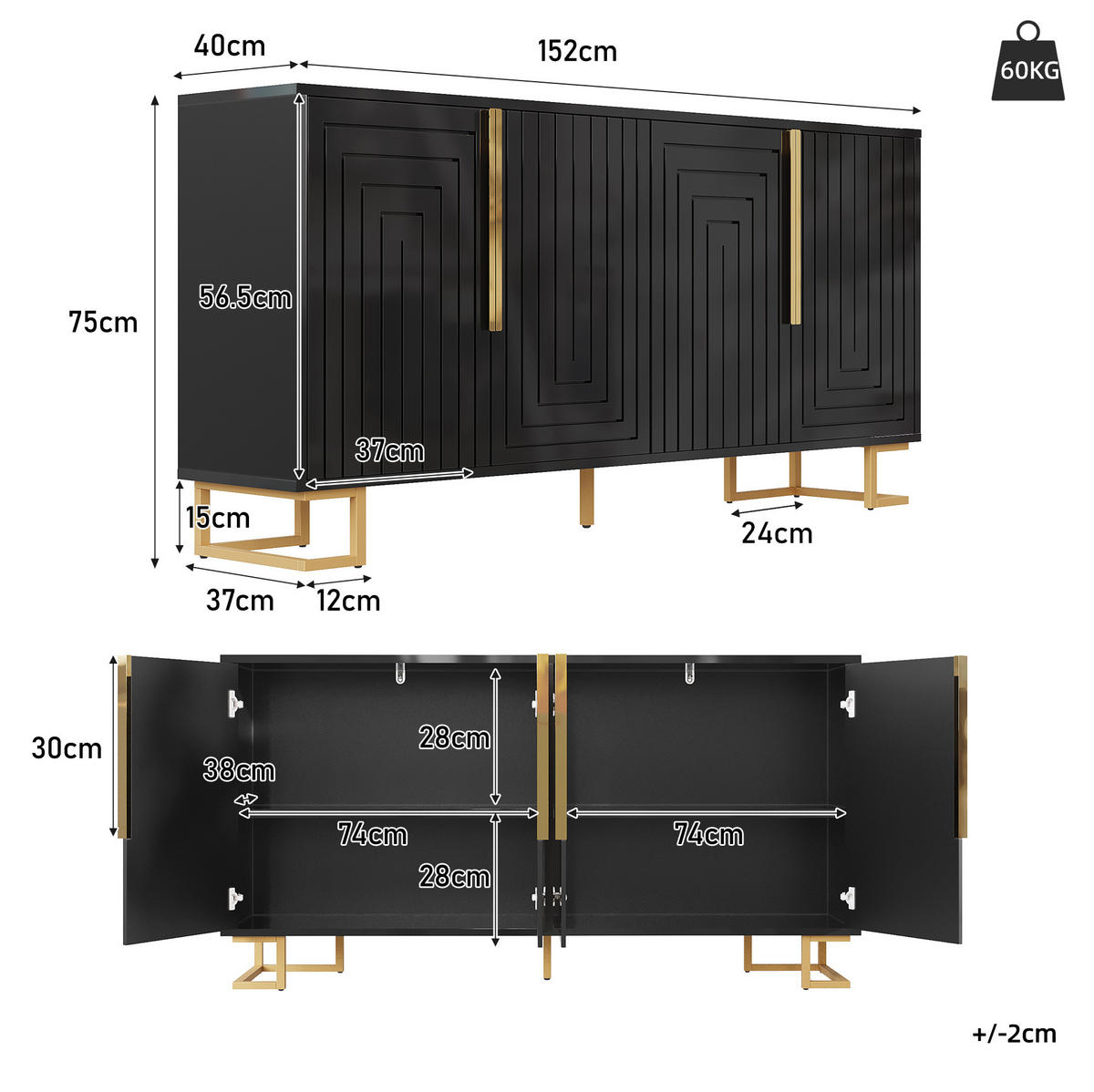 SIDEBOARD 152/40/75 cm Schwarz aus MDF mit Kippschutz - Schwarz, Holzwerkstoff (40/75/152cm) - OKMYHOME