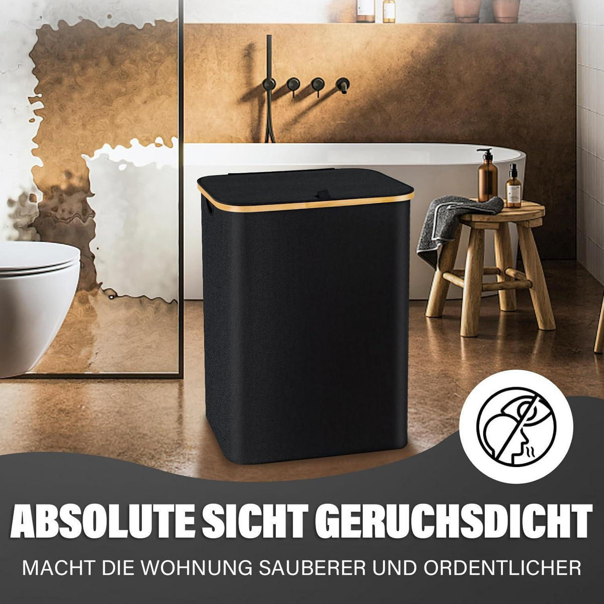WÄSCHEKORB mit Deckel 160L 3 Fächer Schwarz - Schwarz, Textil (37/74/57cm)