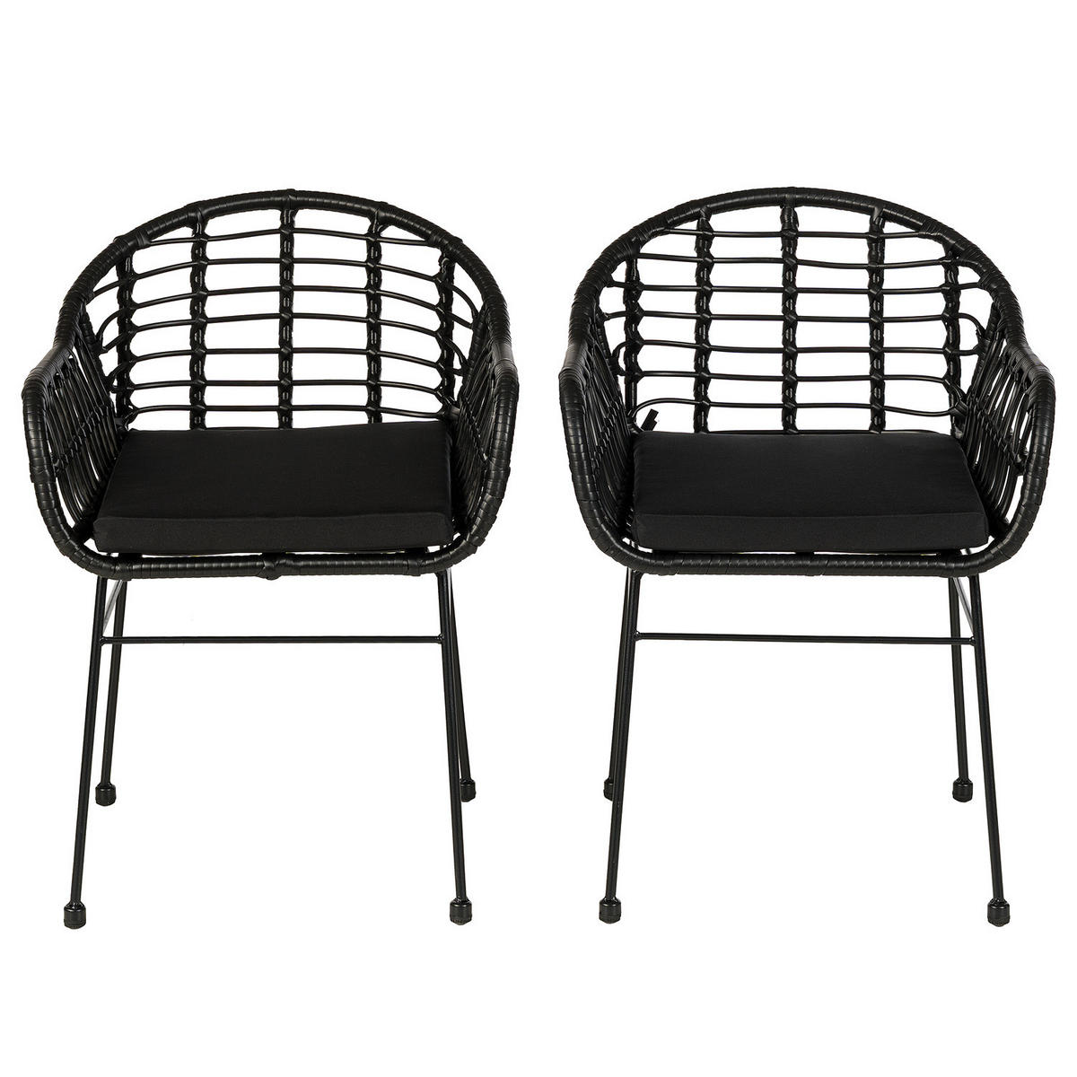 GARTENSTUHL - 2er-Set - Polyrattan / Stahl - Schwarz, Textil/Metall (53/76/54cm) - home24