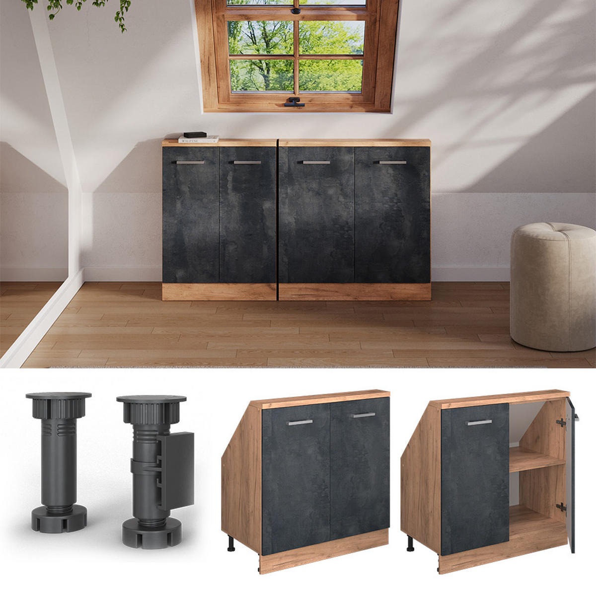 KUCHYŇSKÁ SKŘÍŇKA POD ŠIKMOU STŘECHU R-Line Černý beton/zlatý dub - medově dubová/černá, kompozitní dřevo (80/81.6/46cm) - Vicco