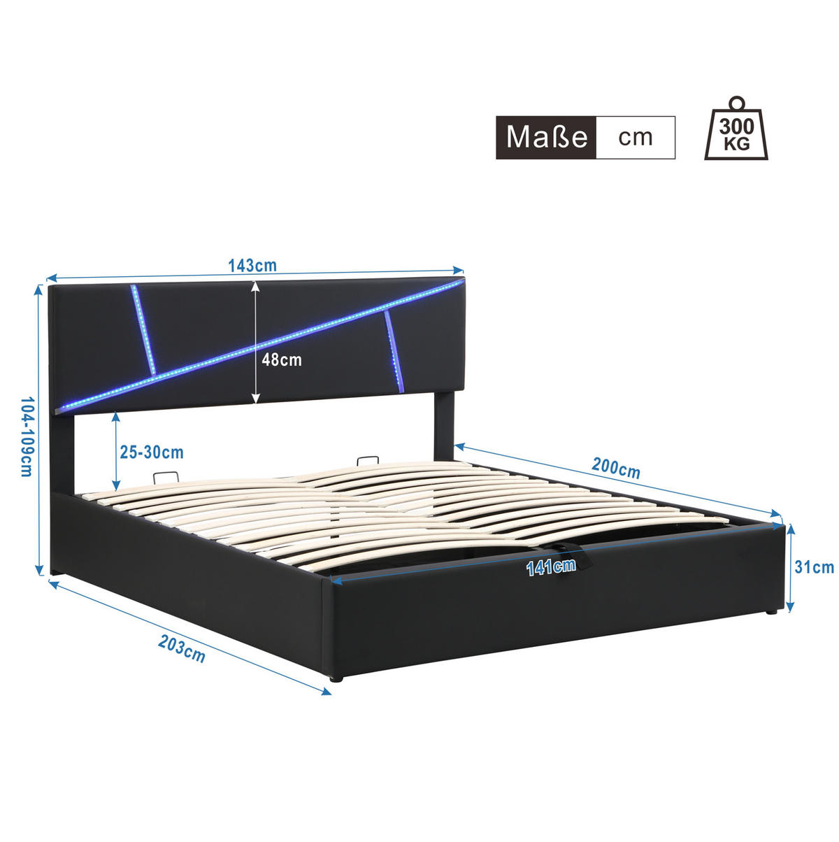 BETT mit LED und Stauraum PU Schwarz - Schwarz, Metall (140/200cm) - Meubliv