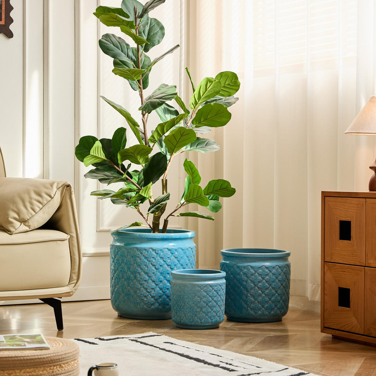 BLUMENTOPF großes Keramikpflanztopfset Frost&hitzebeständig&Ablaufloch - Blau, Keramik (38/38cm)