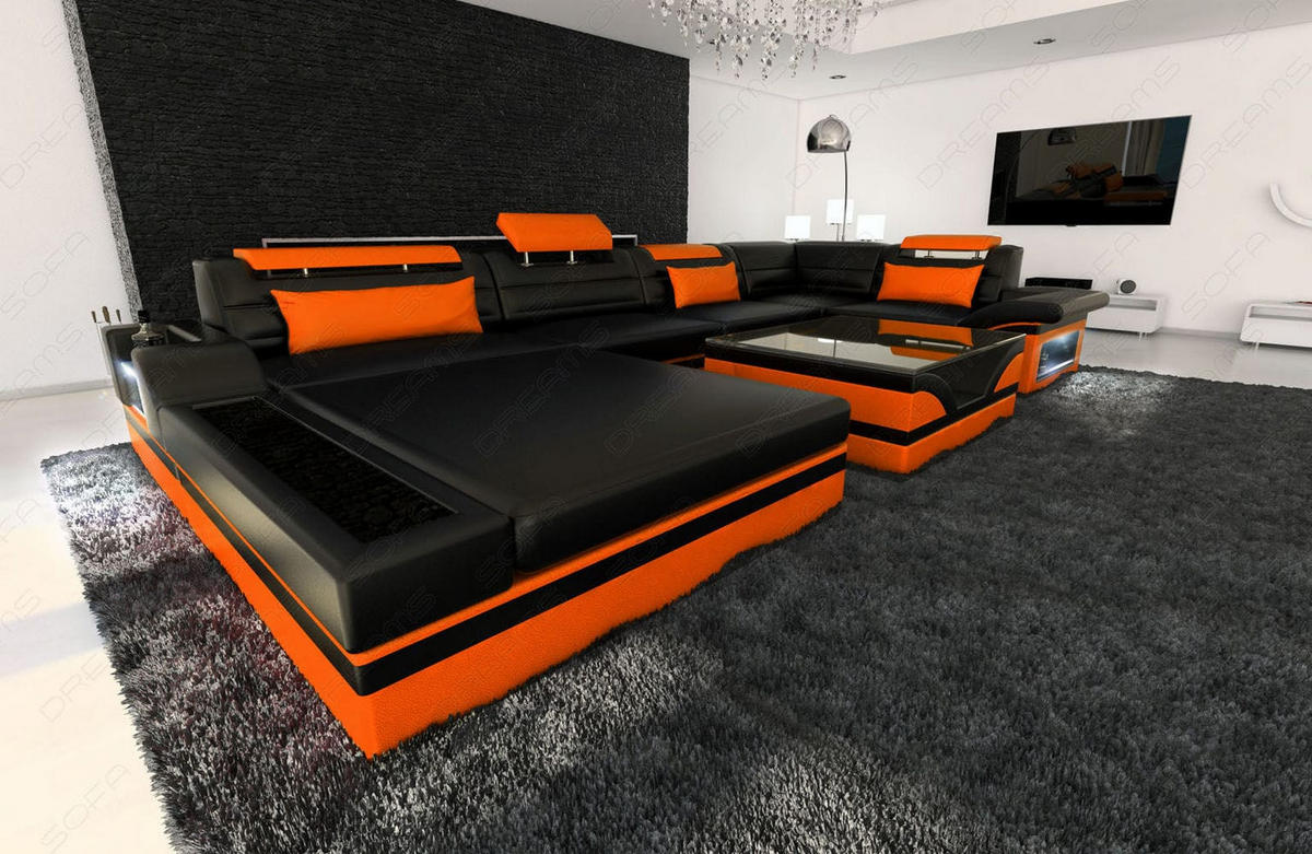 SOFA Mezzo U Schwarz Orange Ledermix - Schwarz, Textil (372/78/214cm)