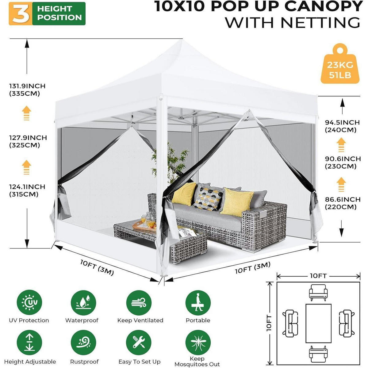 FALTPAVILLON 3x3m Wasserdicht mit 4 Seitenwänden und Moskitonetz - Weiß, Textil (300/335/300cm)