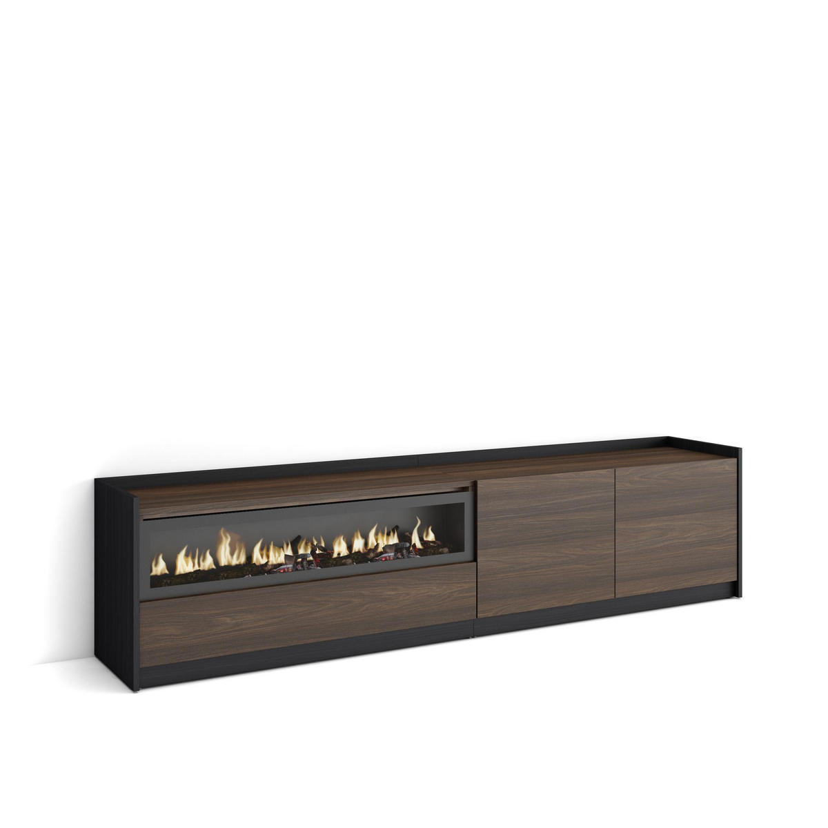TV-SCHRANK, Lowboard, Dunkler Eiche und Schwarz, Elektrokamin, 207/37/50cm - Dunkelbraun, Holzwerkstoff (207/50/37cm) - Skraut Home