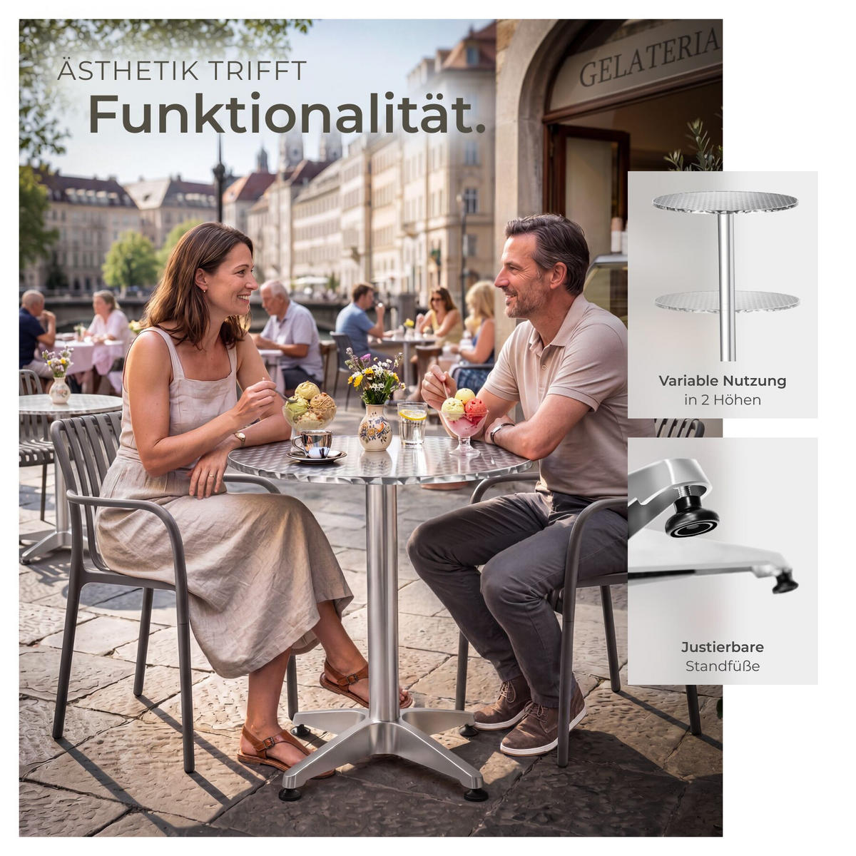 BISTROTISCH aus Aluminium Frederic, höhenverstellbare Kunststofffüße, silber - Silberfarben, Holz (67/67/110cm) - tectake
