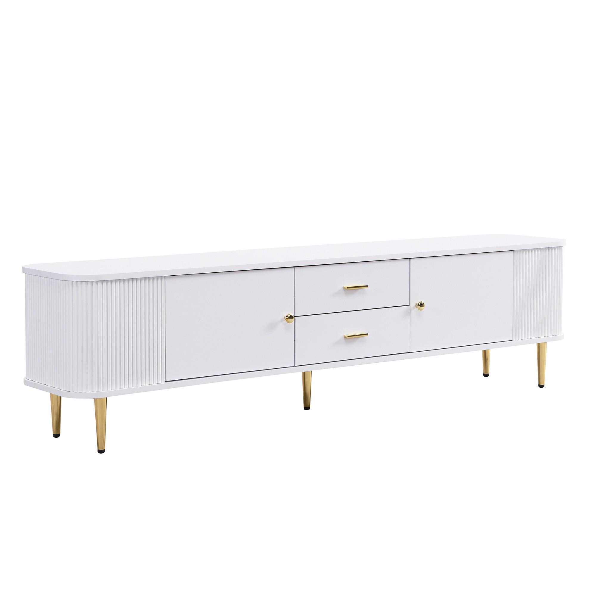 TV Lowboard, Wellenfront, abgerundete Kanten, goldene Füße - Weiß, Holz (170/45/34cm)