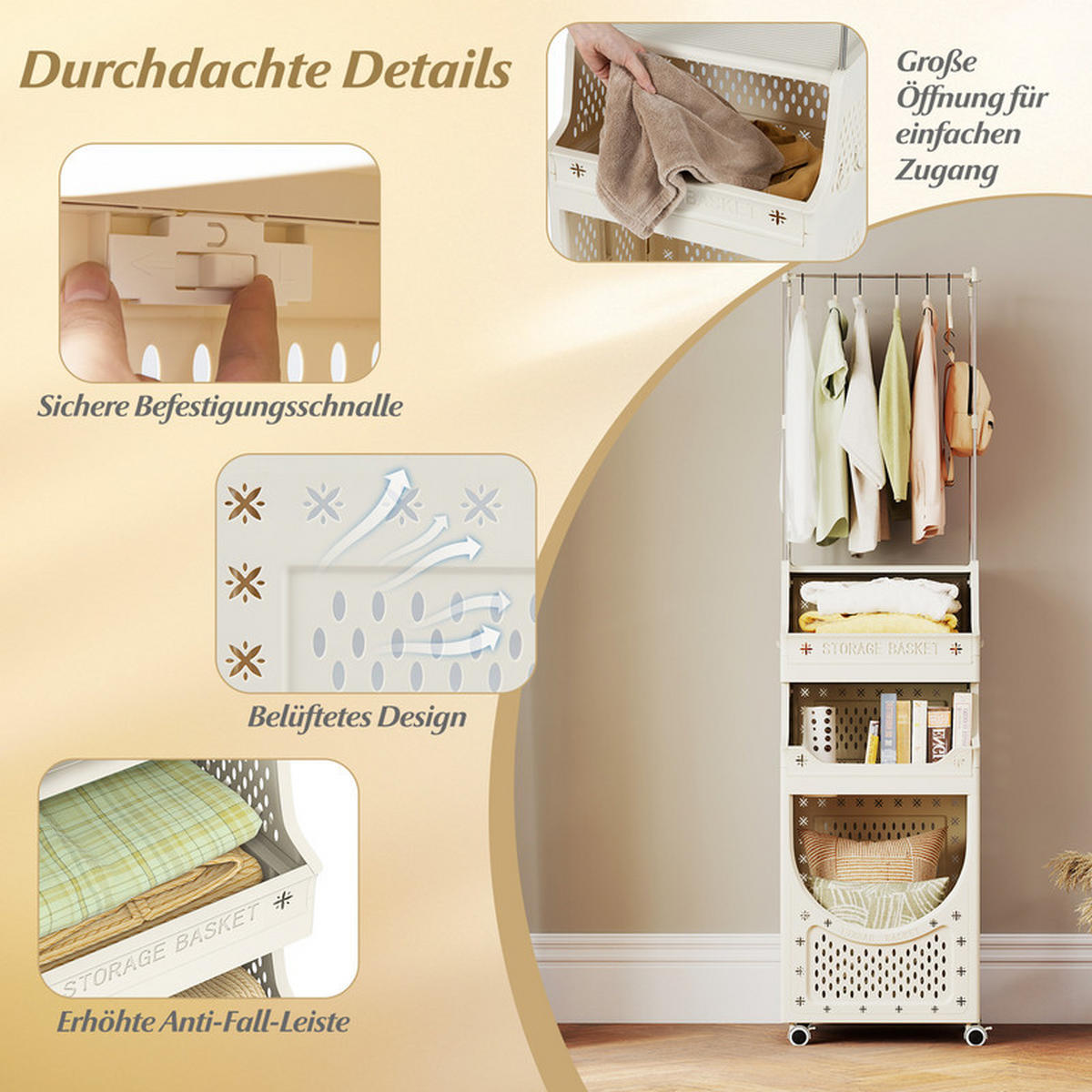 WÄSCHEKORBWAGEN mit Kleiderstange beige - Beige, Kunststoff (40/158/30cm) - COSTWAY