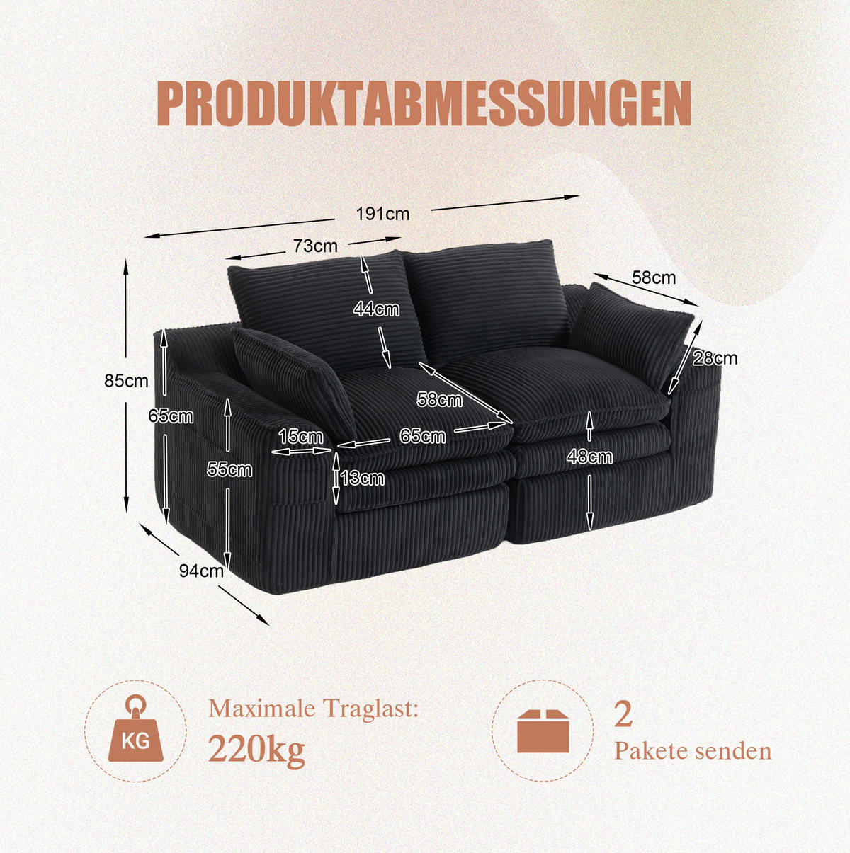 2-SITZER Sofa aus Cord 191x94x85 cm Schwarz mit Seitentaschen, Kissen und 3-lagigem Schaumstoff mit Federkern - Schwarz, Textil (191/85/94cm) - Modfu