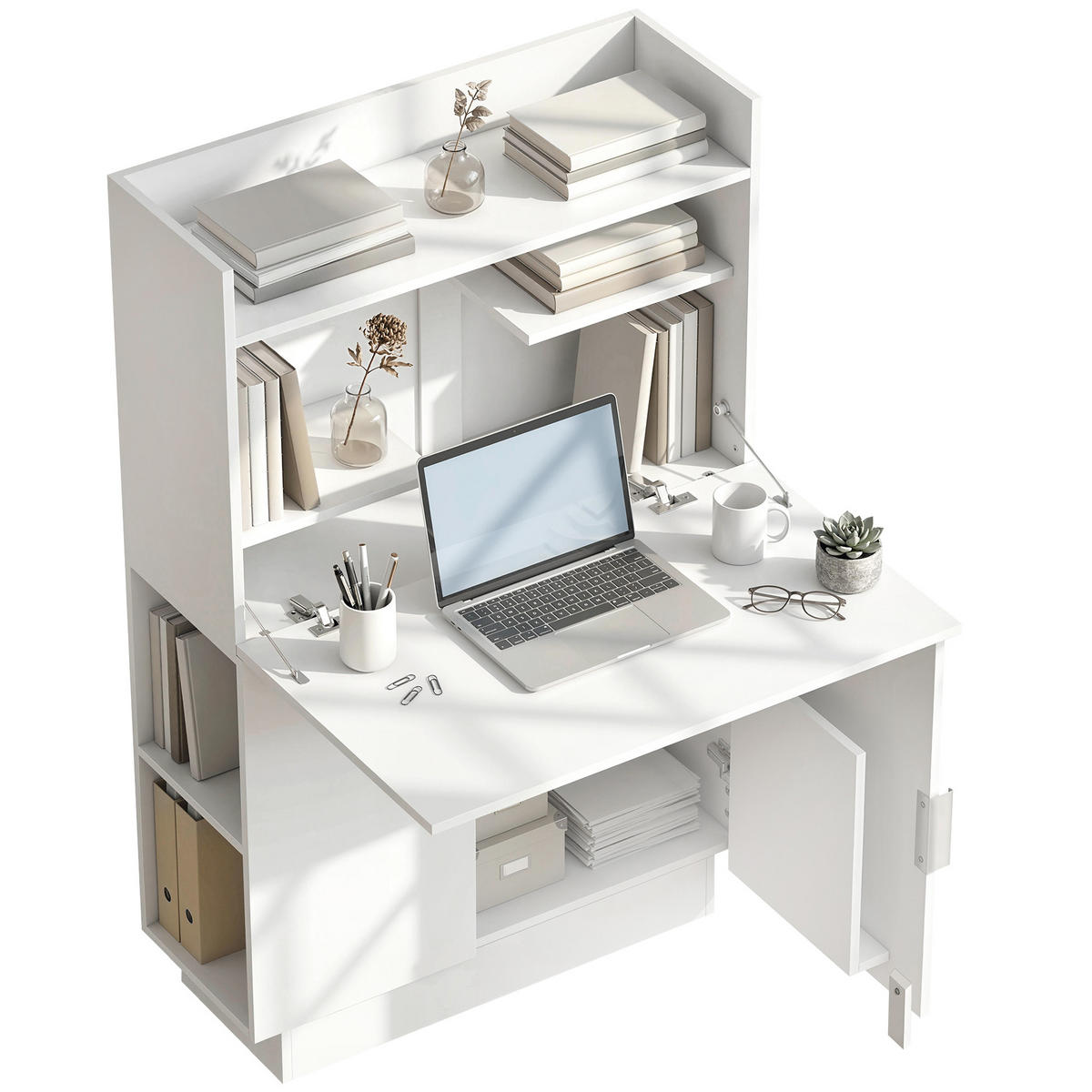 SEKRETÄR SCHREIBTISCH Weiß klappbar mit Regalfächern und Schrank 80/30/128 cm - Weiß, Holzwerkstoff (80/30/128cm) - PANGIVO