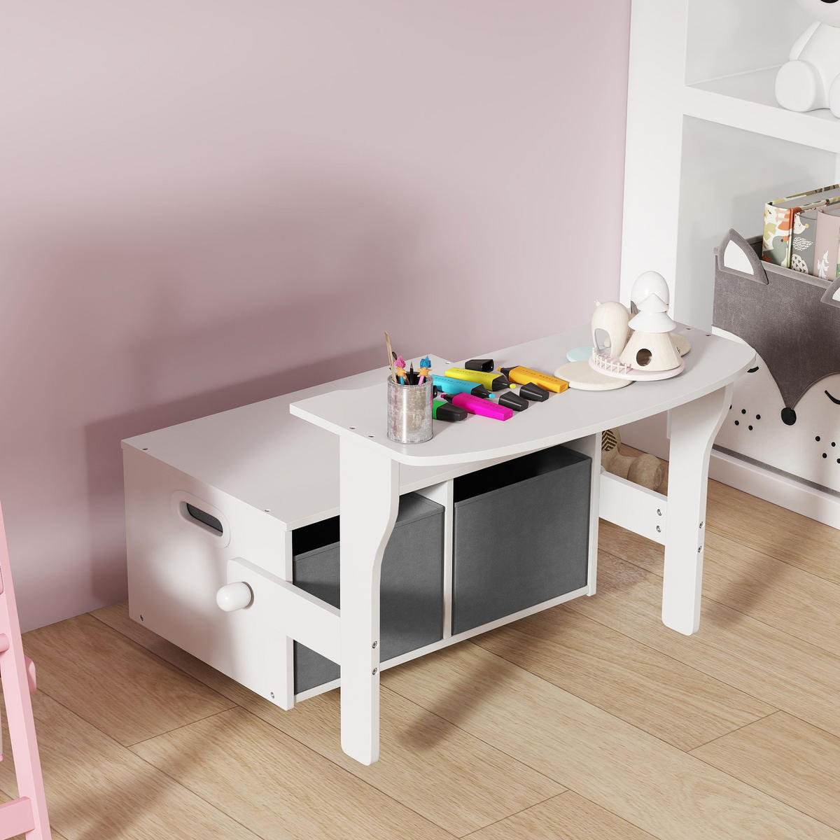 SPIELZEUGTRUHE DE-17273 3-in-1 mit Tisch, Stühlen & Stoffboxen Weiß - Weiß, Metall (46.5/67.6cm) - ComfortXL