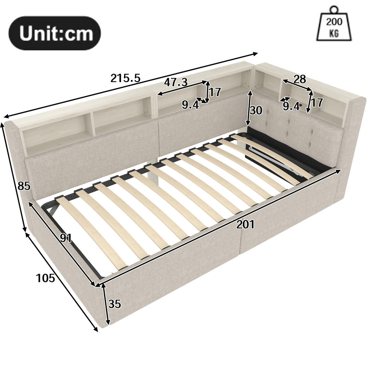 BETT 90/200 cm in Beige mit Stauraum und LED-Beleuchtung - Beige, Textil (90/200cm) - Flora Grace