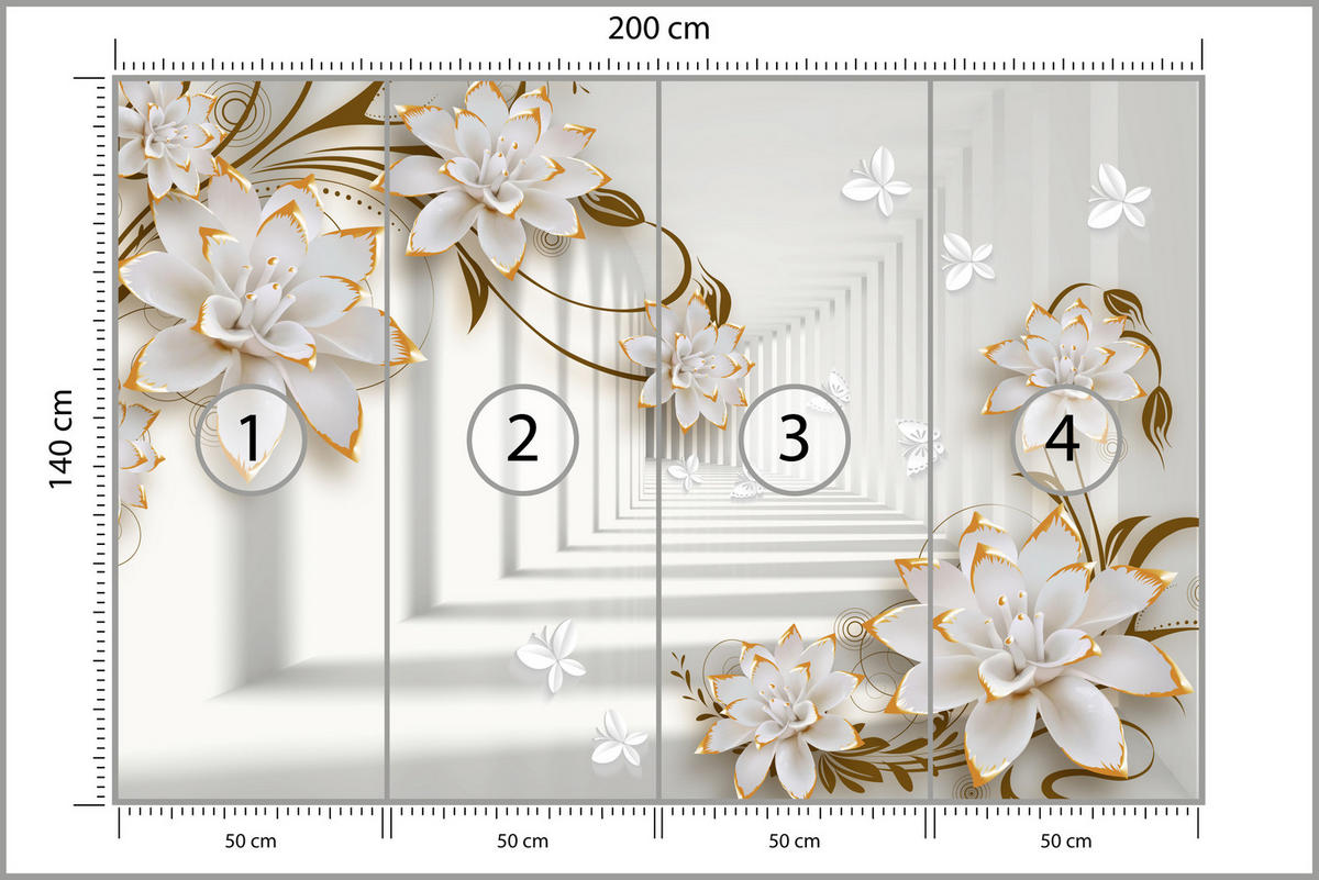 FOTOTAPETE für Wohnzimmer Abstrakter Blumen Tunnel Schmetterlinge 200x140 - Beige/Orange, Papier (200/140cm) - Muralo