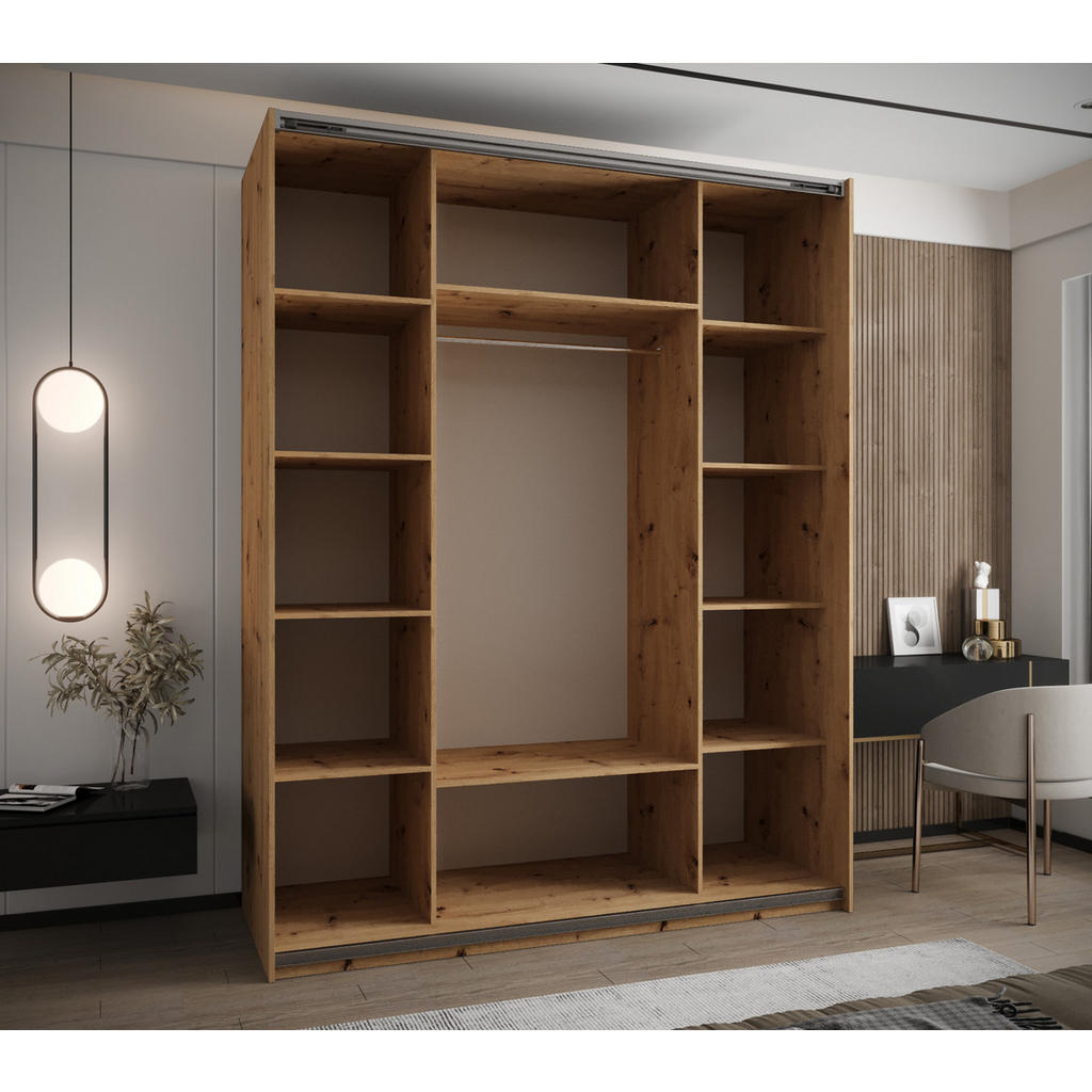 Thumbnail - Abiks Möbel Schwebetürenschrank, Eiche Artisan, Schwarz, Schwarz, Metall, Nachbildung, 10 Fächer, 190x245x64 cm, Schlafz...