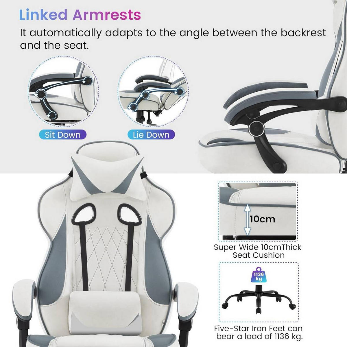 GAMINGSTUHL Leathaire-Stoff, Weiß+Blau - Blau/Schwarz, Kunststoff/Textil (70/120/70cm) - Woltu