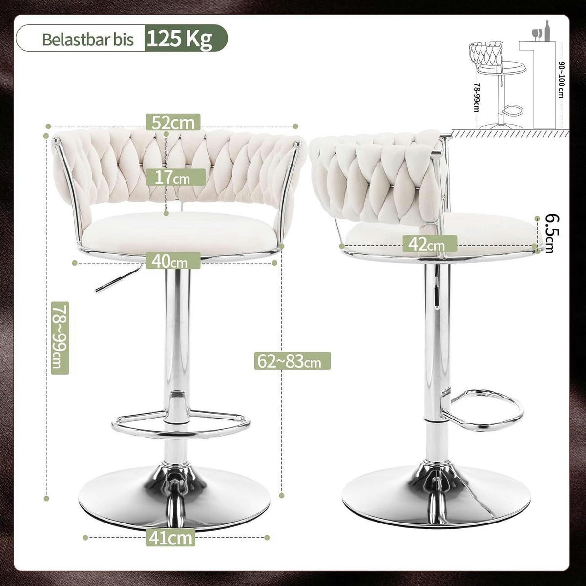 BARHOCKER 2er Set Samt Beigeweiß Höhenverstellbar - Weiß, Textil (48/78/51cm)