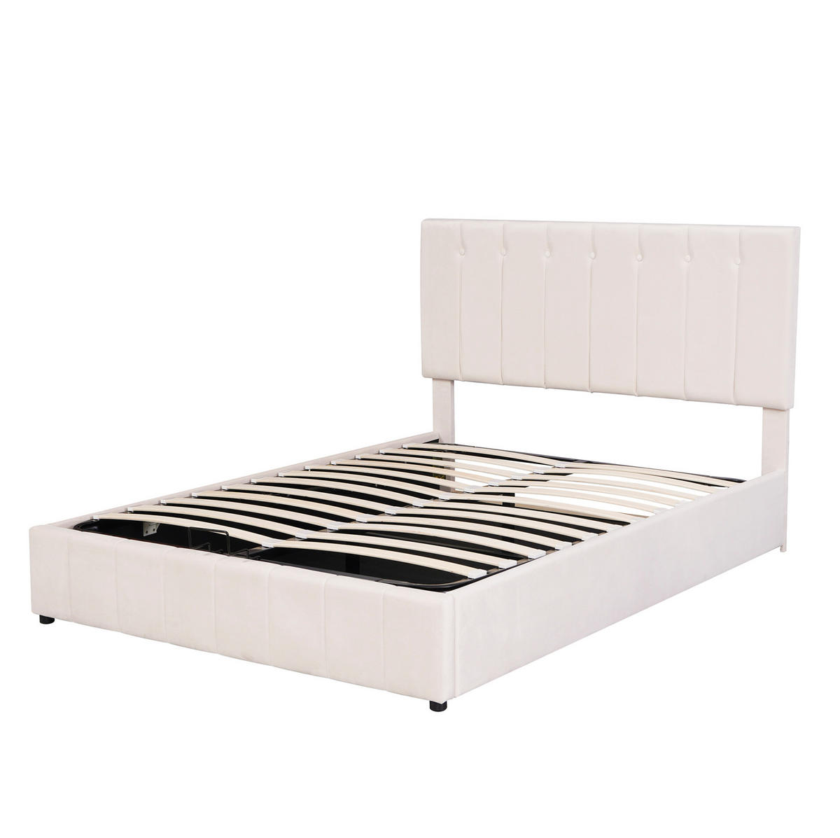 SAMT-POLSTERBETT 140/200 cm mit Bettkasten und höhenverstellbarem Kopfteil - Creme, Textil (140/200cm) - BEAOK