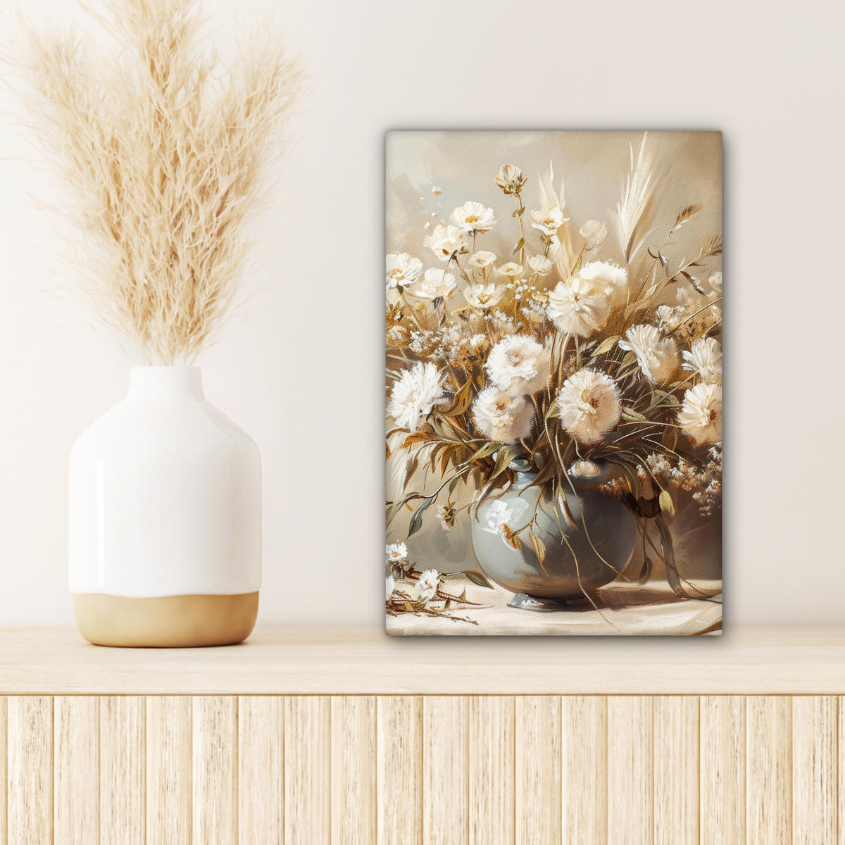 LEINWANDBILD Blumen - Vase - Stilleben - Beige 20x30 cm - Creme, Textil (20/30cm) - MuchoWow