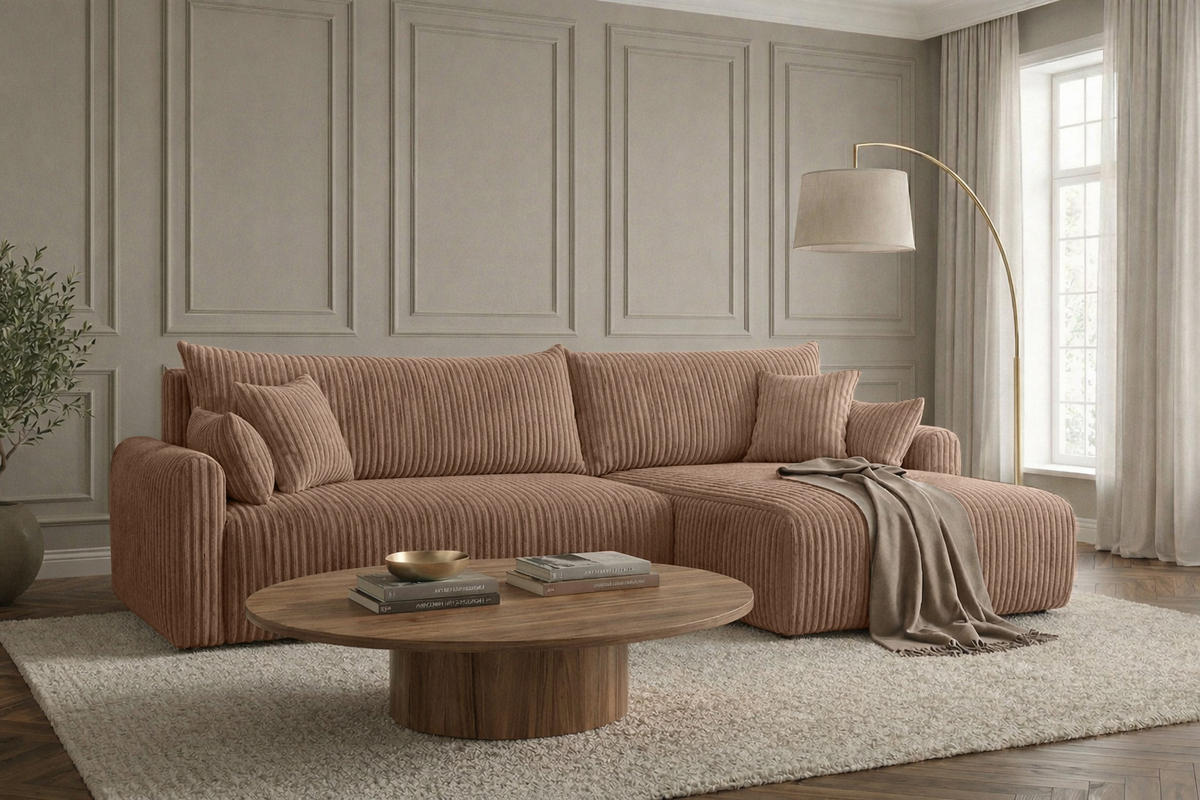 ECKSOFA Mit Schlaffunktion, Cordstoff Tilia, Braun, Rechts, JAPANDI - Braun, Holz (262/145cm) - Kaiser Möbel