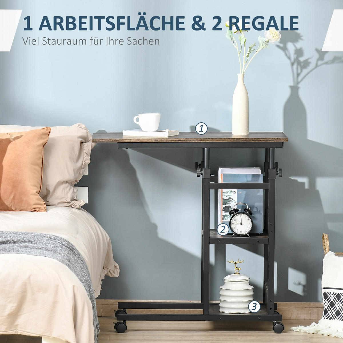 BEISTELLTISCH mit Rollen, Braun - Braun, Kunststoff (80/40/82cm) - HOMCOM