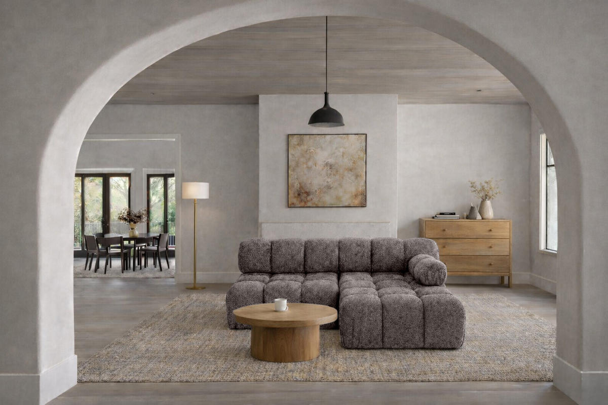 ECKSOFA L-Form Mini II Modular, Bouclé-Stoff Abriamo, Braun, Rechts, Selia - Braun, Holz (190/160cm) - Kaiser Möbel