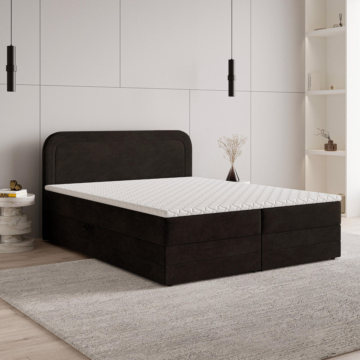BOXBETT ARMEL 160x200 cm mit Matratze und Topper - Braun - Braun, Holz (160/200cm) - MASSENO