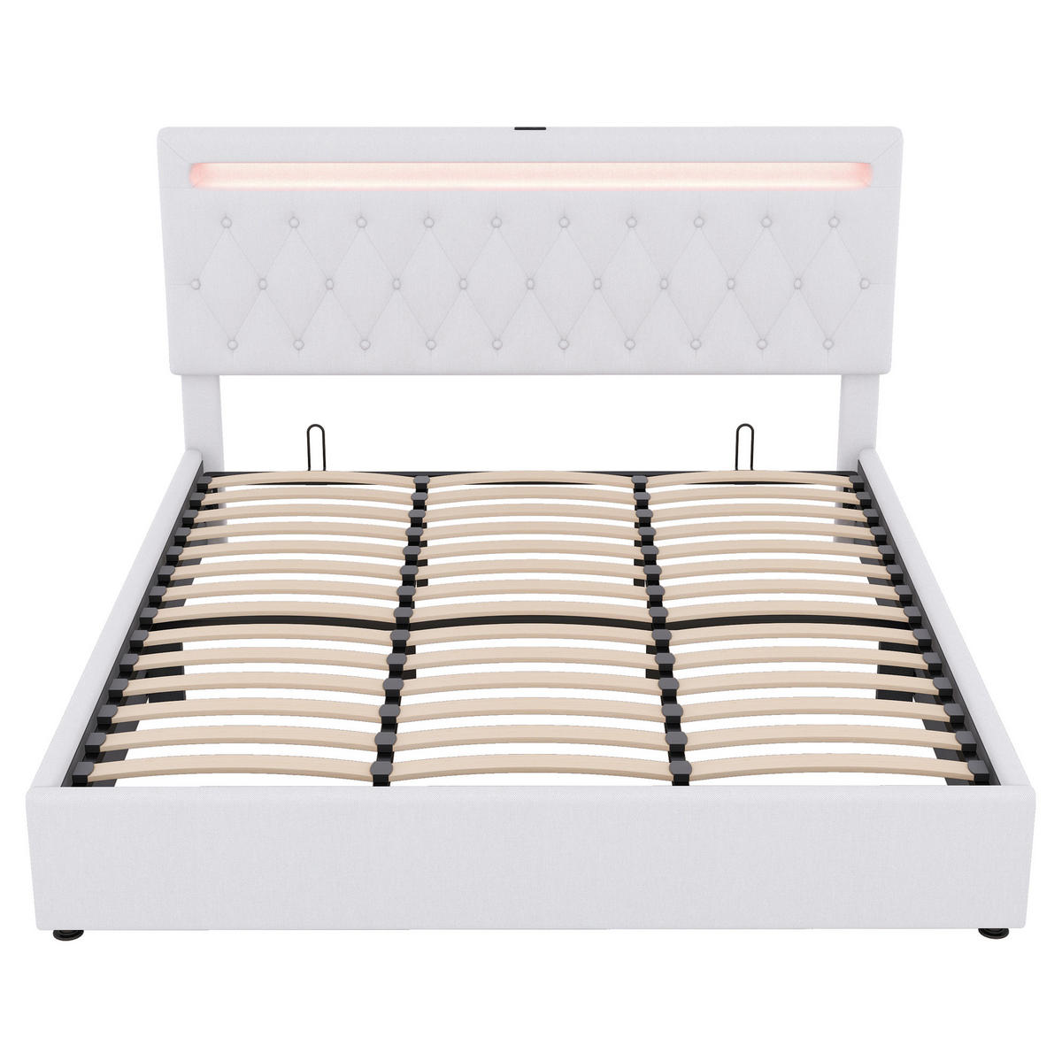 ČALÚNENÁ posteľ 180/200 cm biela s úložným priestorom LED osvetlením a USB z ľanu a MDF - biela, textil (180/200cm) - OKWISH