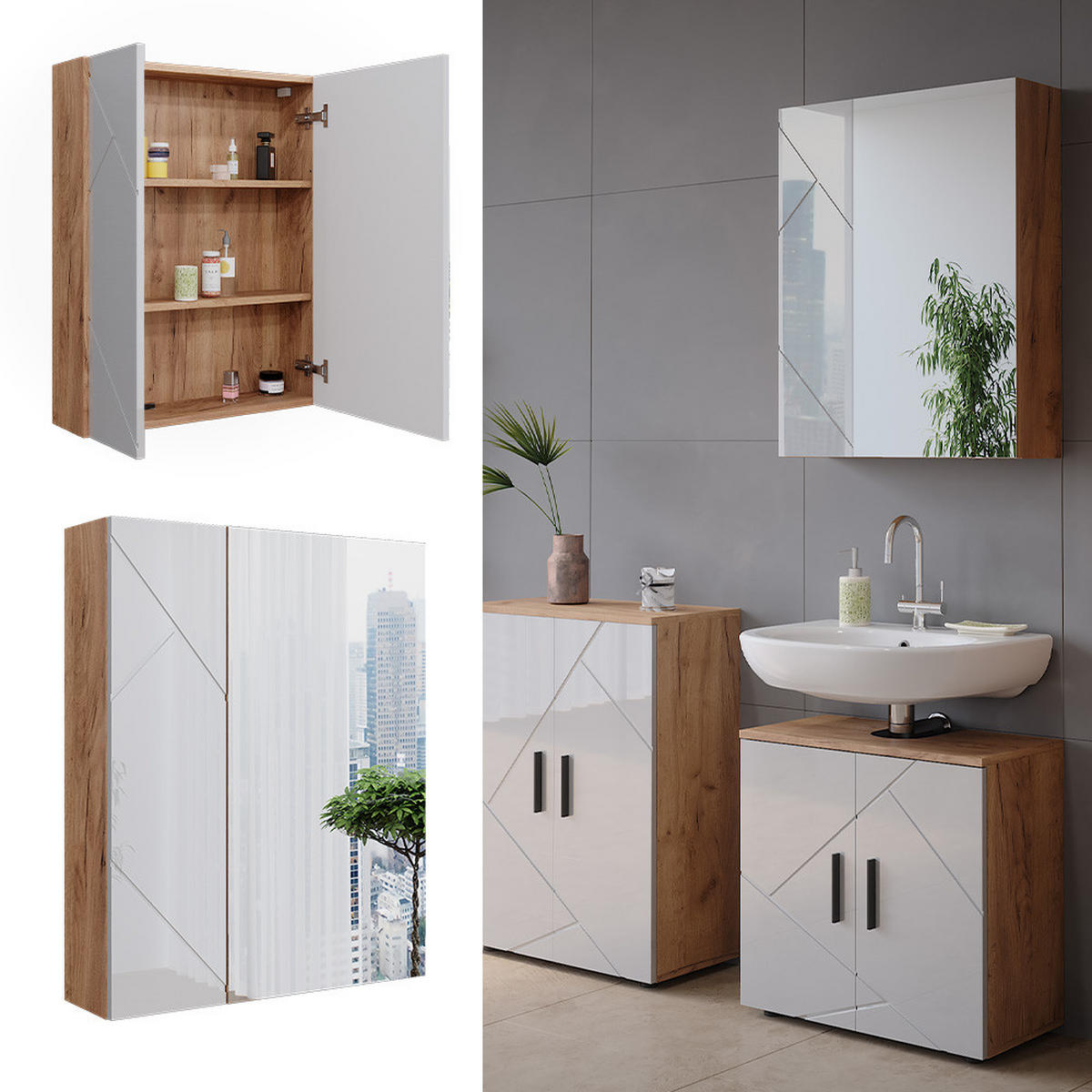 BADSPIEGELSCHRANK Irma Goldkraft Eiche/Weiß Hochglanz 60 x 75 cm - Eiche Wotan/Weiß, Holzwerkstoff (60/75/17.2cm) - Vicco