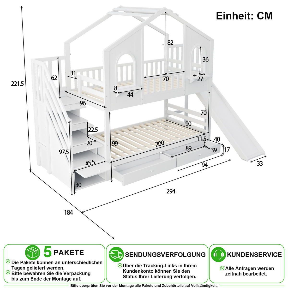 ETAGENBETT 90/200 cm in Weiß mit Rutsche, Leiter, Schubladen und Stauraum aus Holz - Weiß, Holz/Holzwerkstoff (90/200cm) - CHICFURN