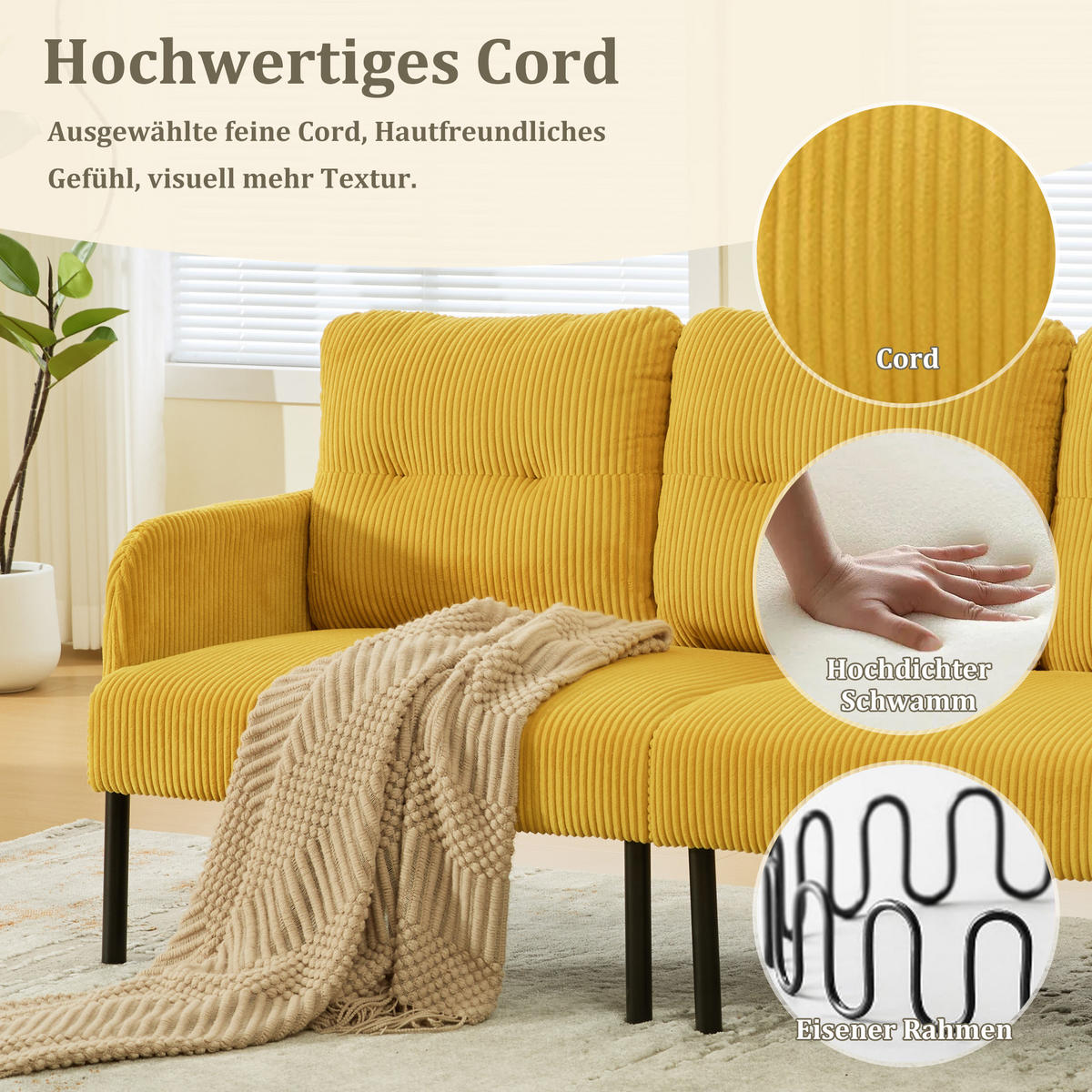 3-SITZER Sofa mit Seitentaschen, Metallgestell & Leinenstoff, 171cm, Gelb - Gelb/Schwarz, Textil/Metall (171/80/72cm) - LVHOM