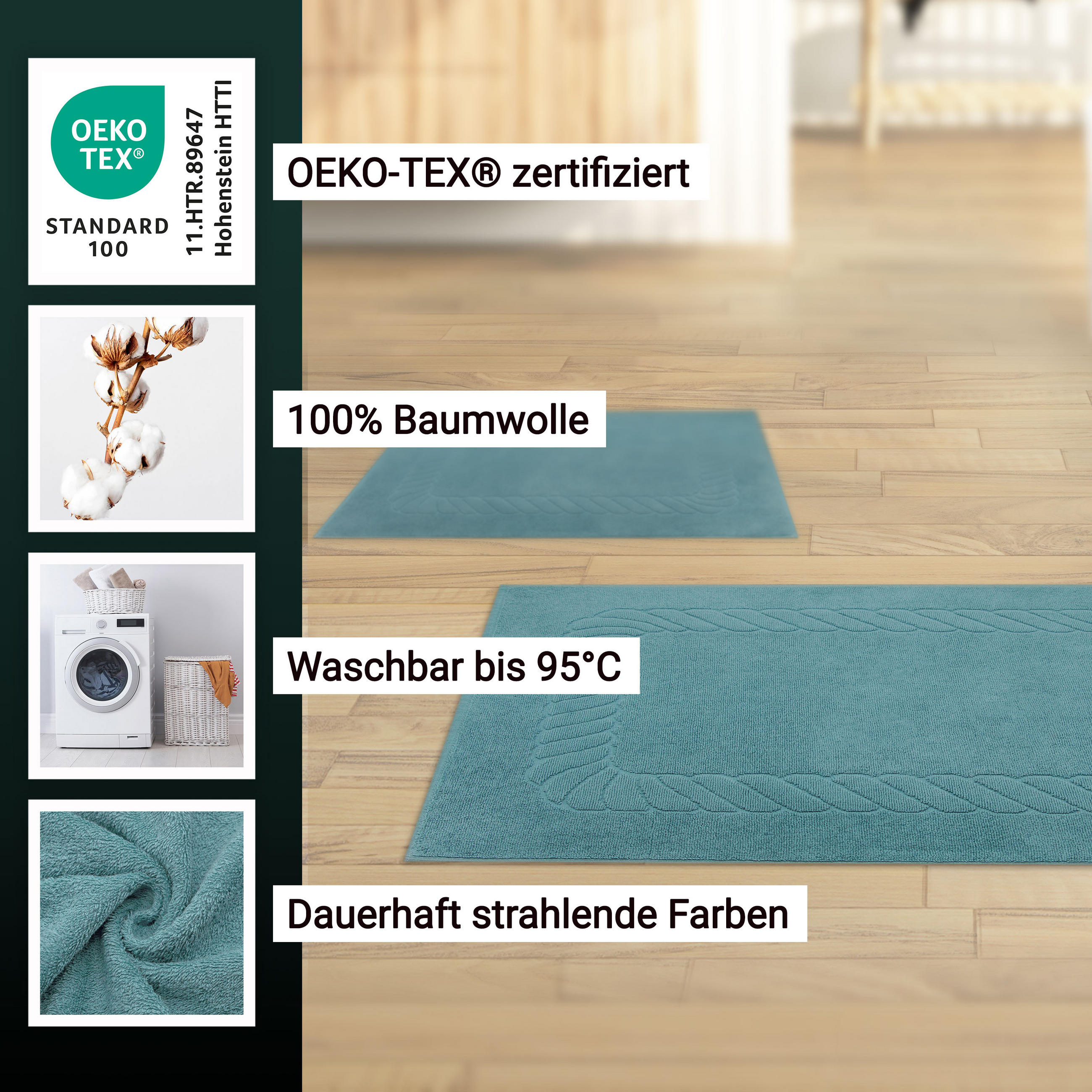 BADEMATTE, 2er-Set, 50x70 cm, 100% Baumwolle, Blau - Petrol, Textil (50/70cm) - Zollner