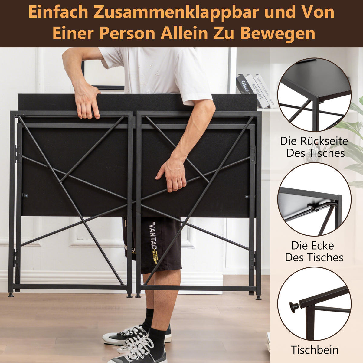 SCHREIBTISCH Faltbarer Wohnzimmertisch mit Schnellaufbau, Holzoptik, Einheitsgröße / MDF - Schwarz, Holzwerkstoff/Metall (99/50/75cm) - EVRYAE