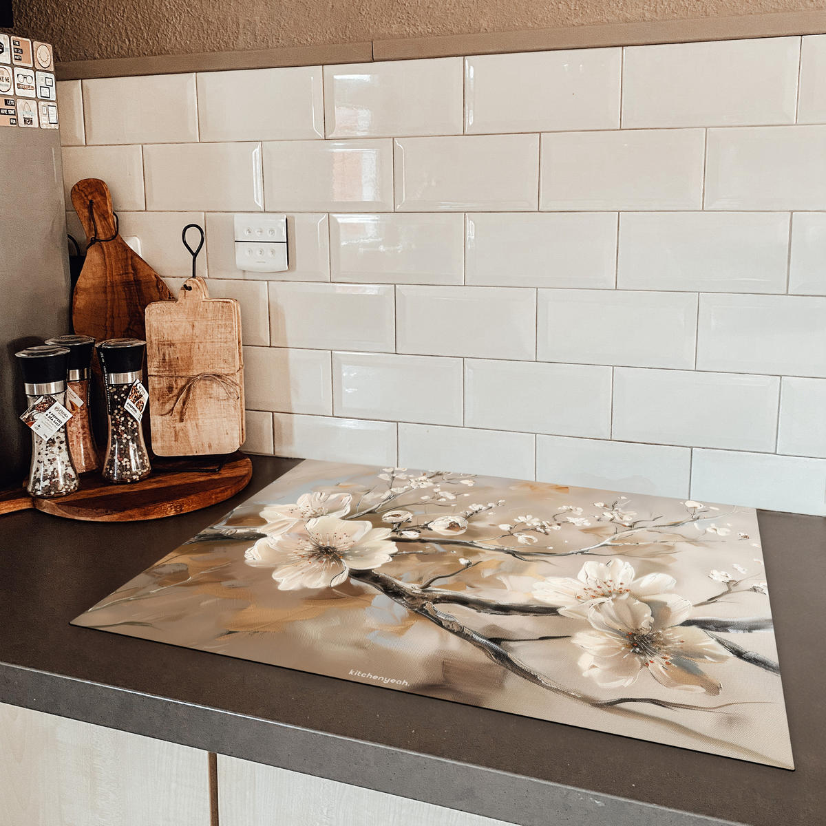 HERDABDECKPLATTE Blumen - Abstrakt - Gemalt - Beige 70x52 cm - Beige, Kunststoff (70/52/0.2cm) - MuchoWow