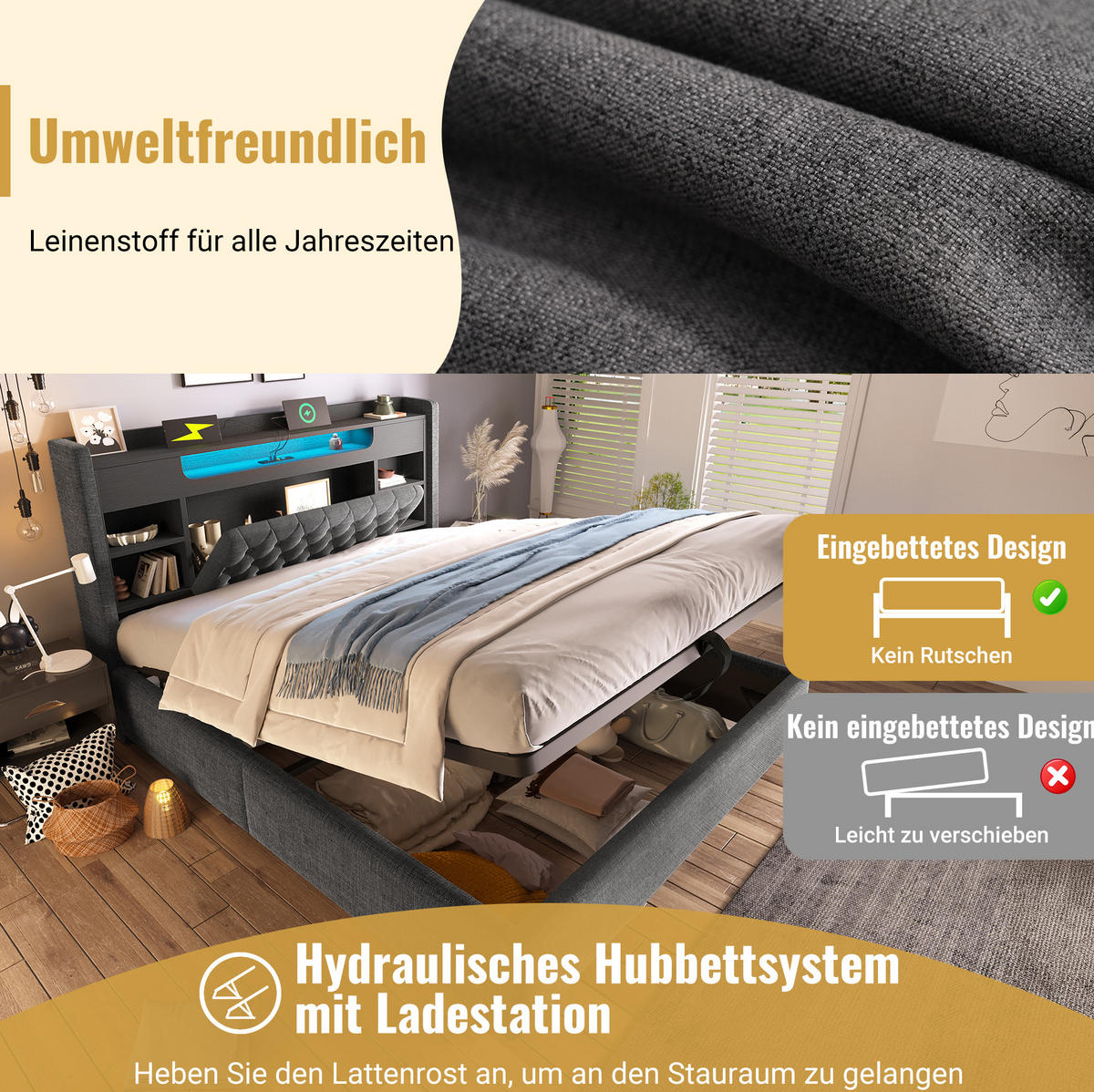 POLSTERBETT 180/200 cm aus Leinen mit Bettkasten LED und USB-C-Ladefunktion Grau - Grau, Textil (180/200cm) - Modenvie