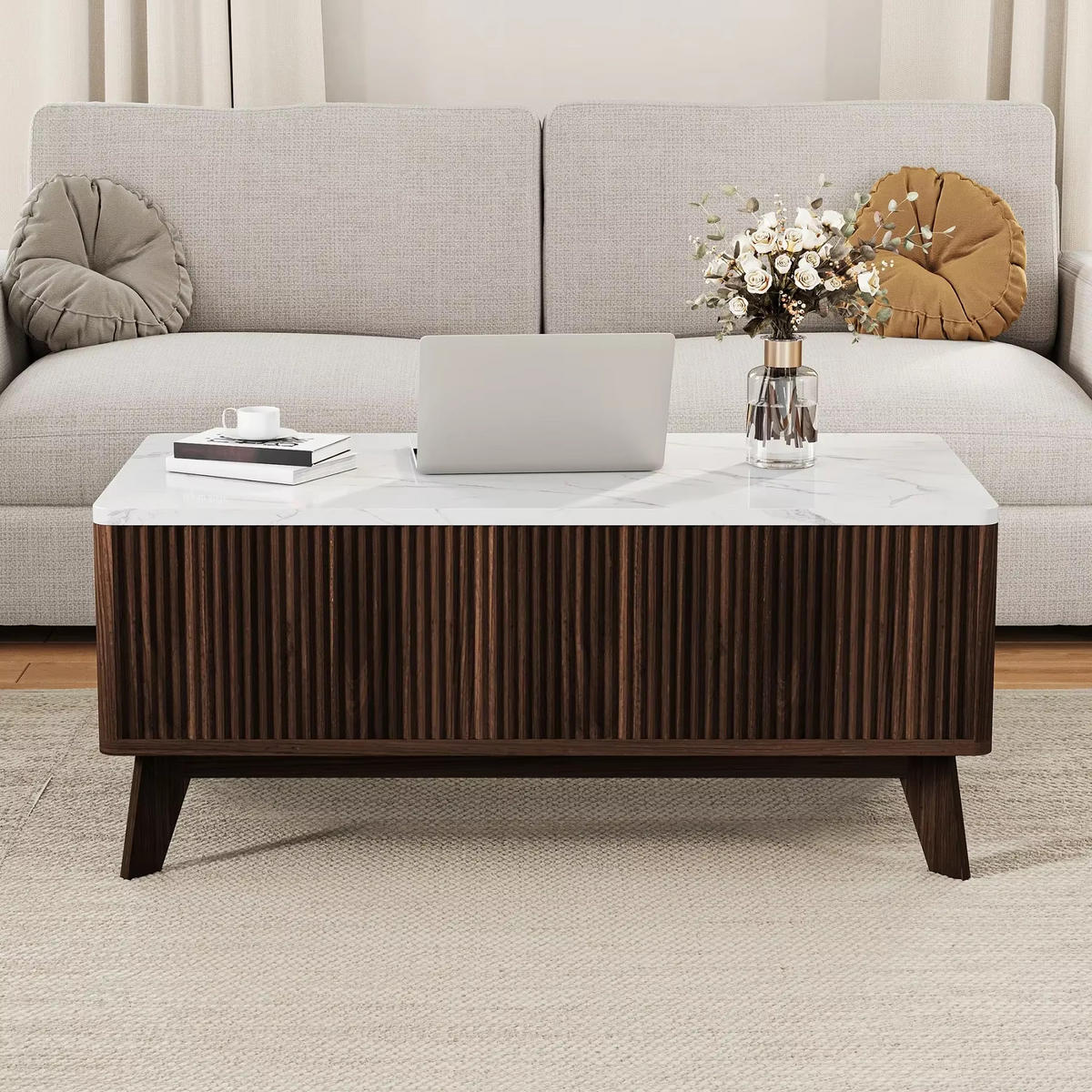 COUCHTISCH 105x42x53 Lift-Top Marmoroptik Walnuss Stauraum - Walnussfarben, Holz (105/53/42cm) - Kaket