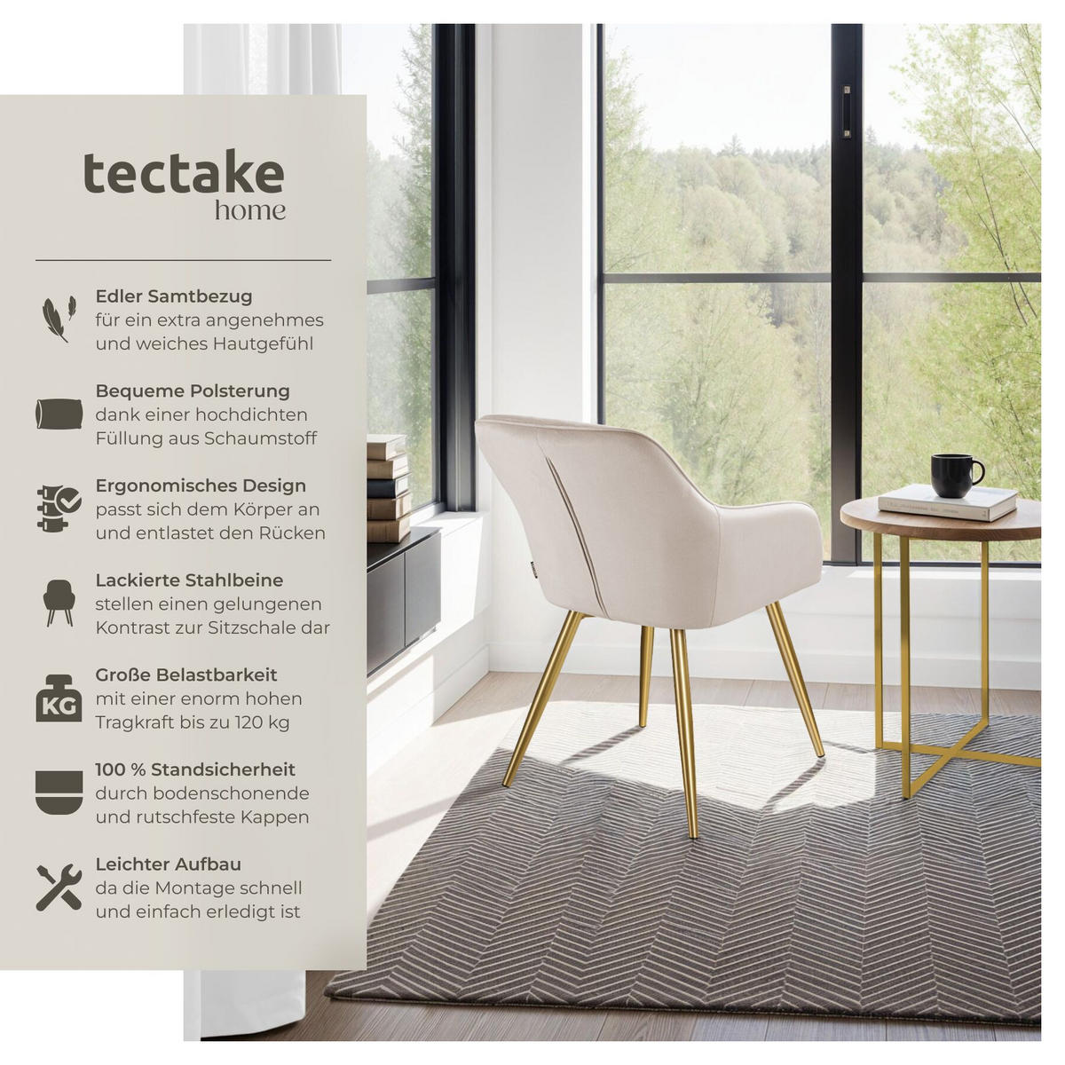 ESSZIMMERSTUHL Marilyn,58 x 62 x 82 cm,taupe/gold - Taupe/Goldfarben, Textil (58/82/62cm) - tectake