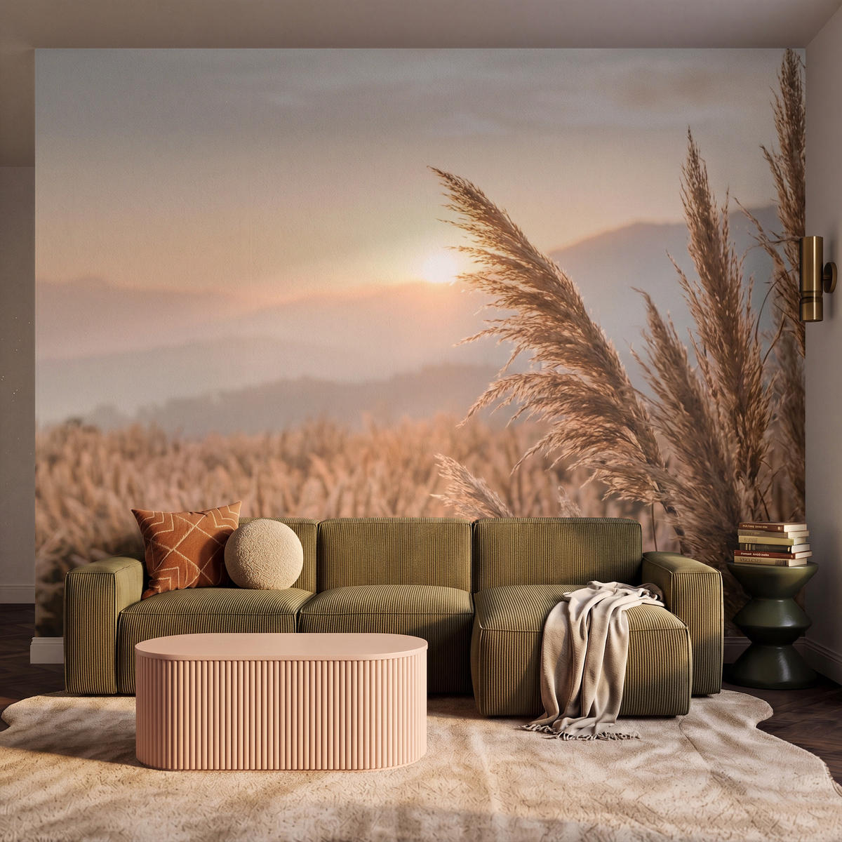 TAPETE - Gras - Feld - Sonne - Natur - 350x280 cm - Sandfarben, Papier (350/280cm) - OnlyWow
